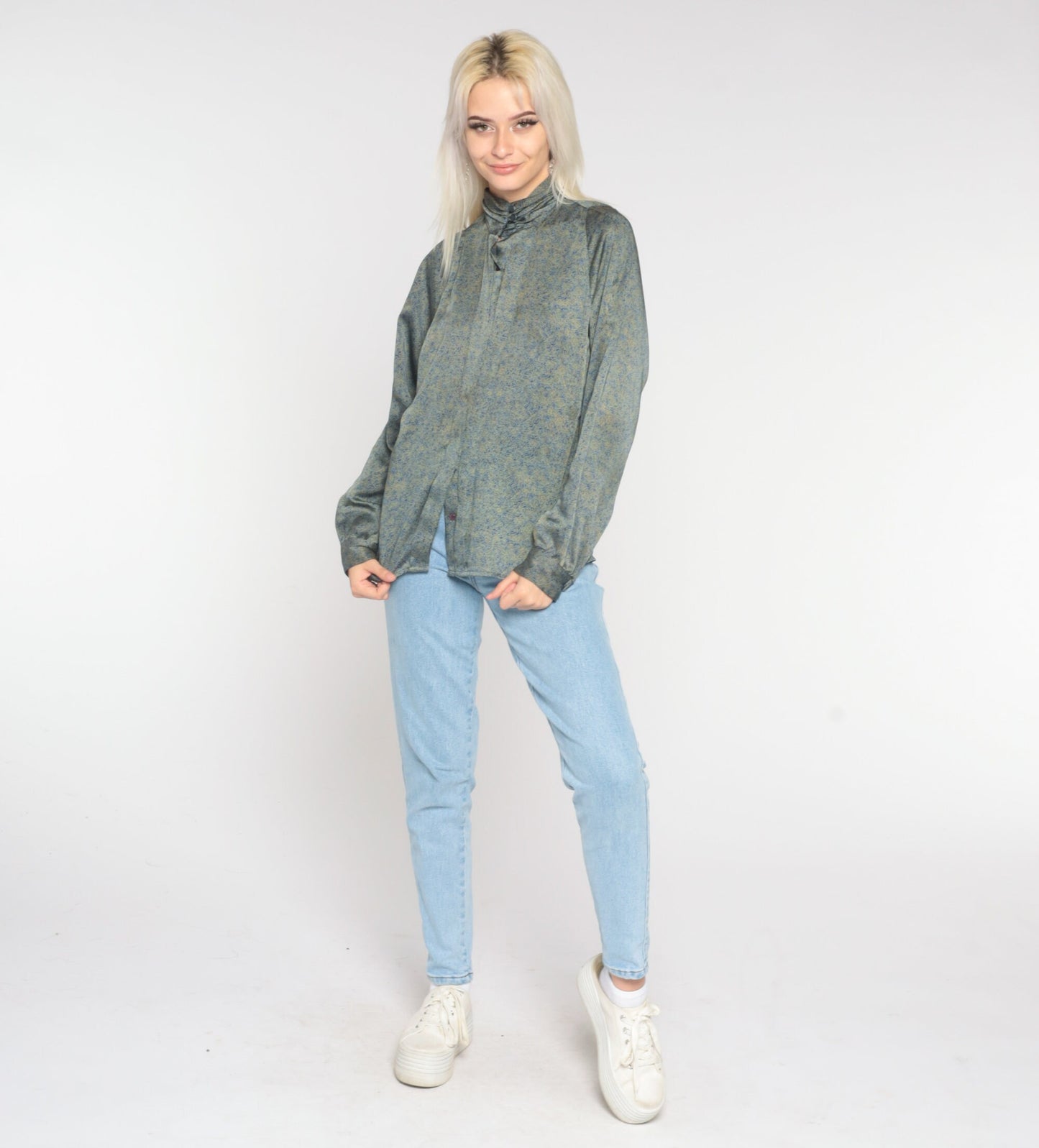 80s Abstract Print Mock Neck Blouse Long Sleeve Secretary Shirt Medium