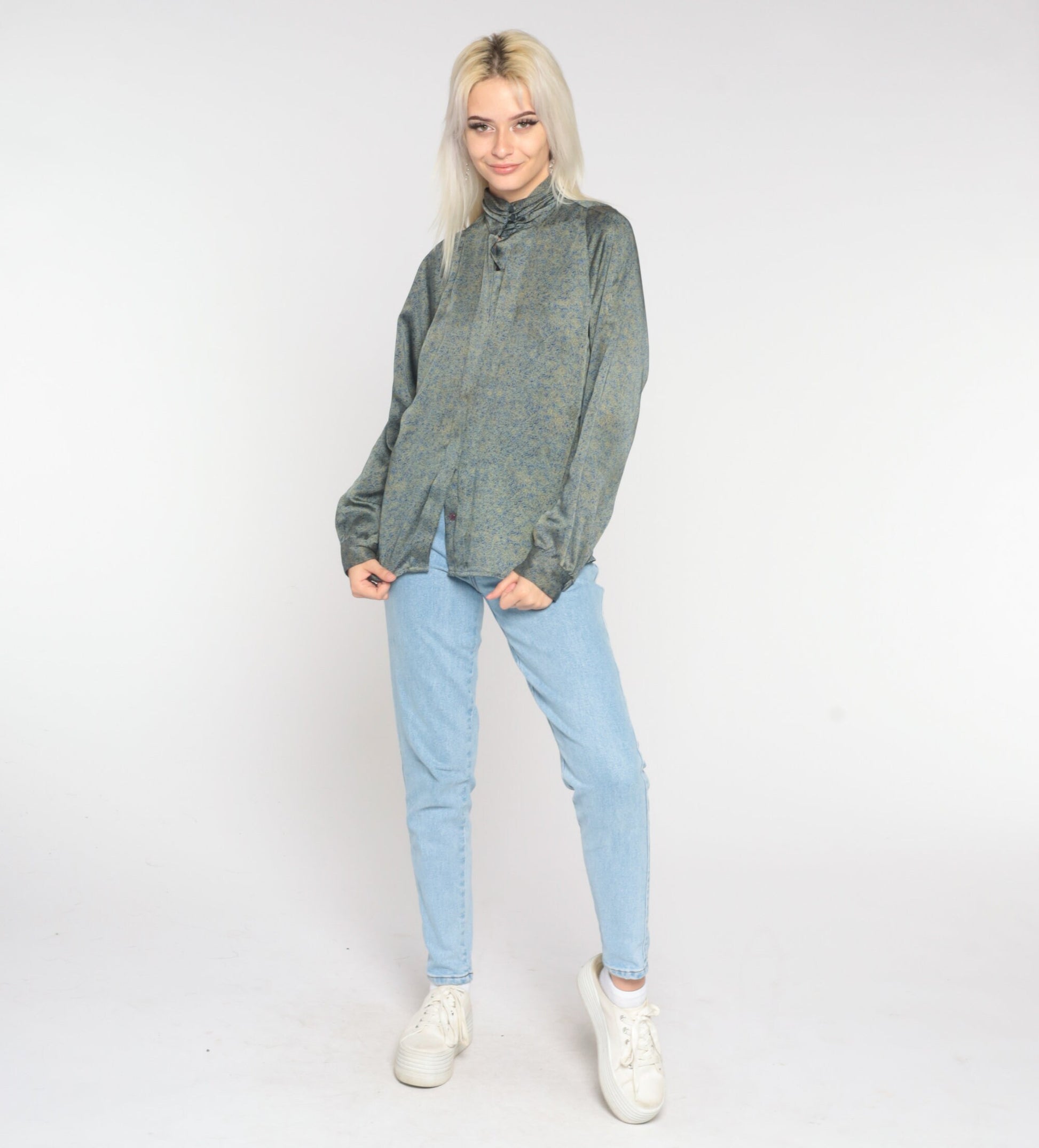 80s Abstract Print Mock Neck Blouse Long Sleeve Secretary Shirt Medium