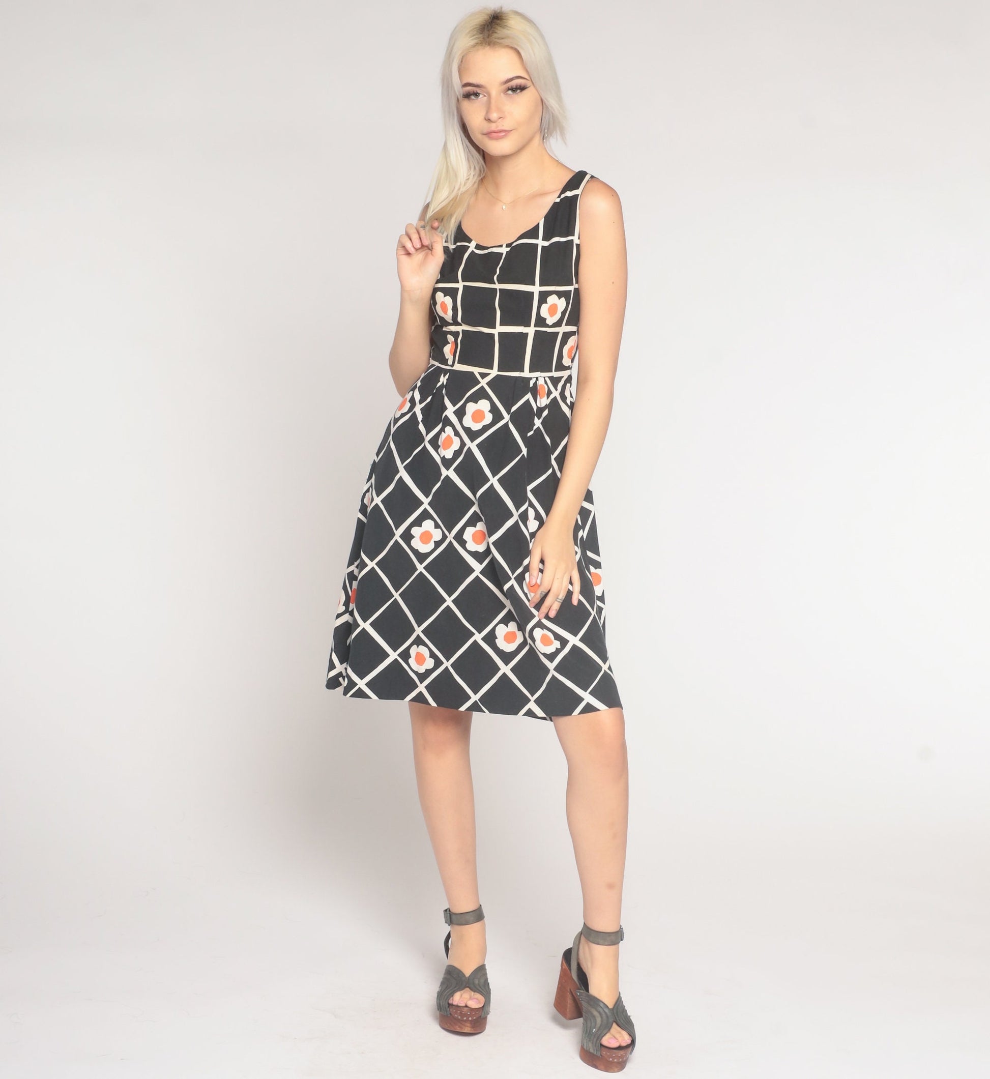 60s Black White Checkered Floral Mini Dress Sleeveless A-Line Extra Small
