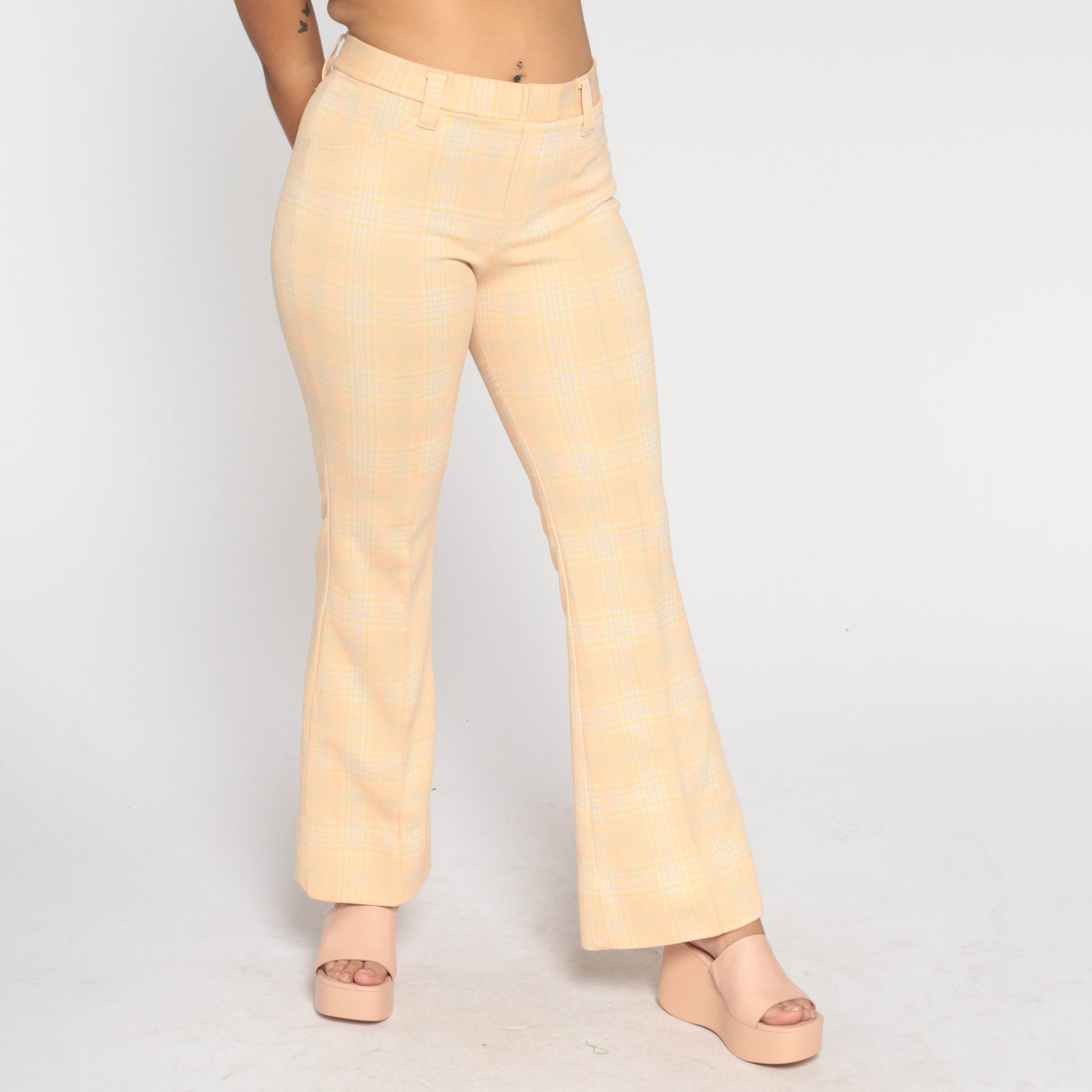 70s Peach Plaid High-Waisted Flared Trousers Medium M