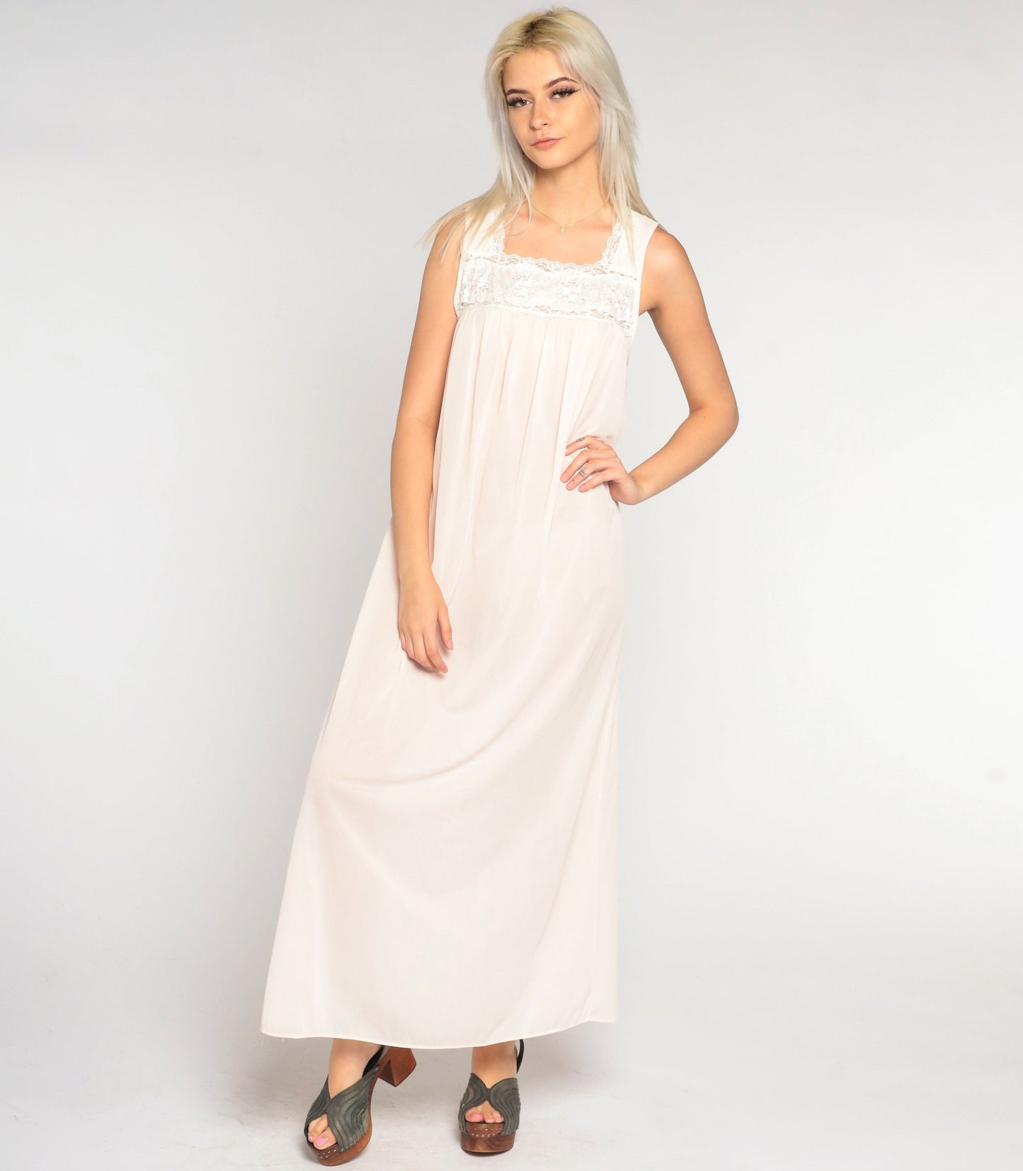 90s Light Pink Nylon Maxi Nightgown Lace Bib Sleeveless Small