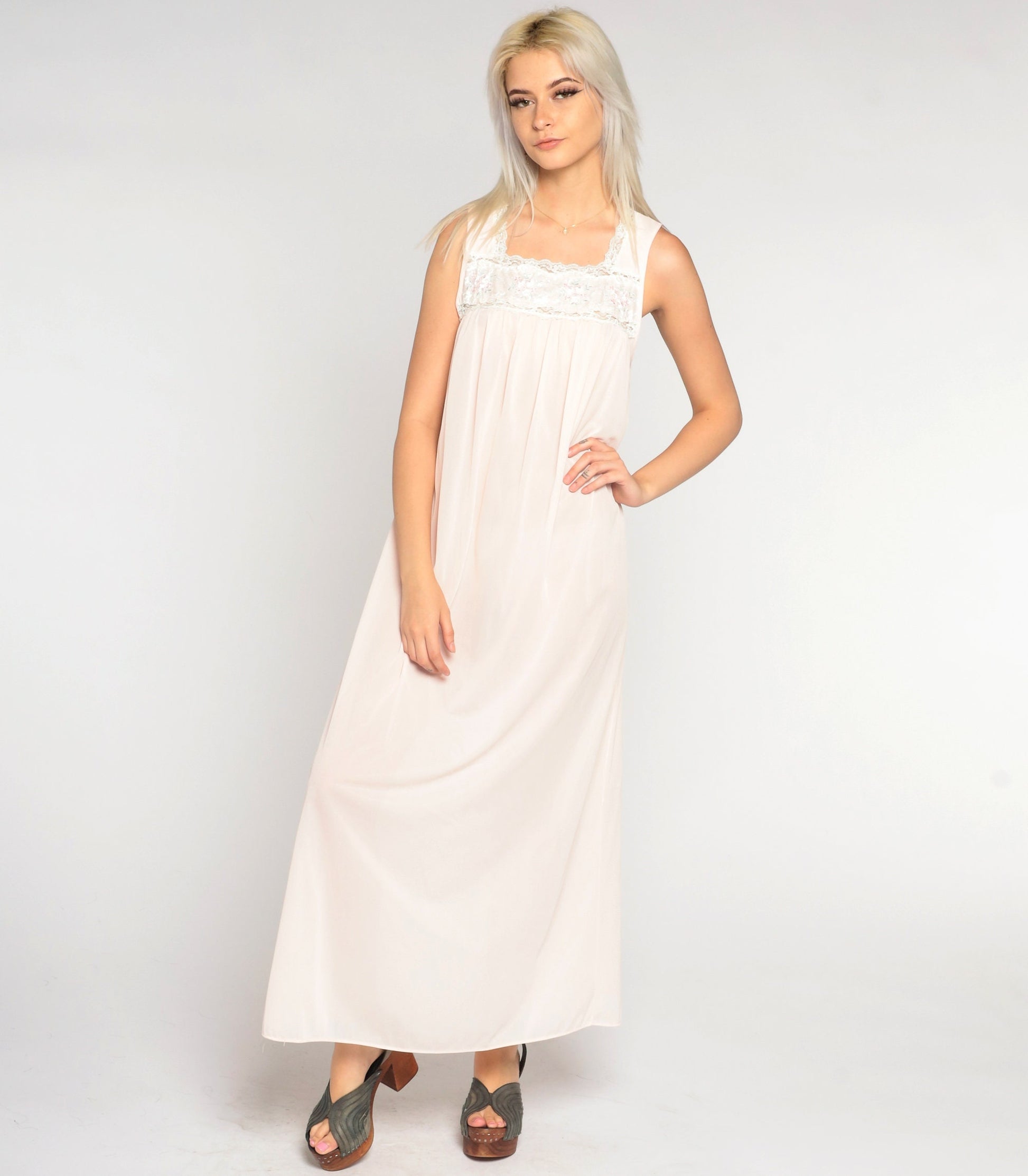 90s Light Pink Nylon Maxi Nightgown Lace Bib Sleeveless Small