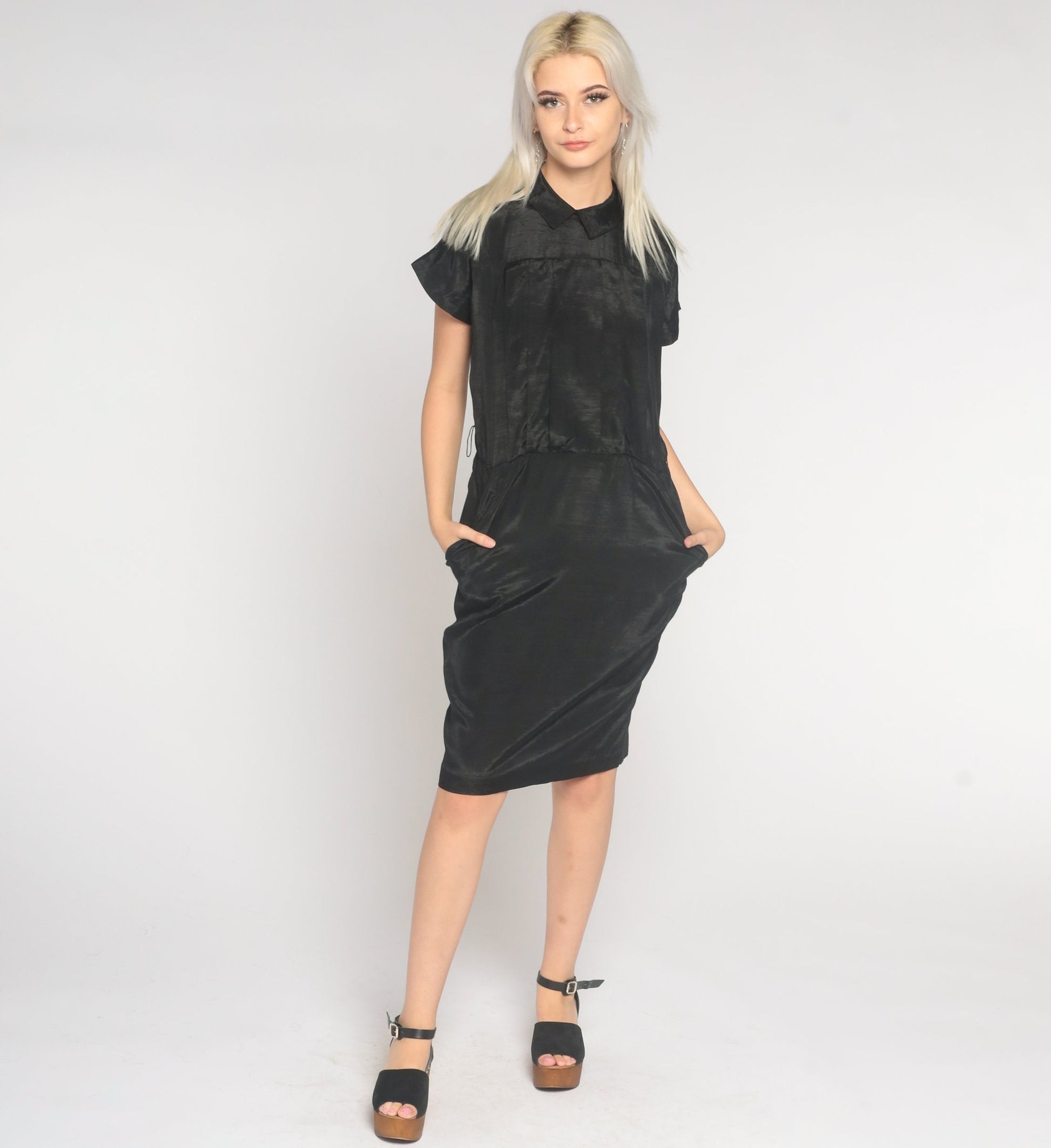 90s Black Shiny Shift Dress Collared Mini Pockets Short Sleeve Medium 8