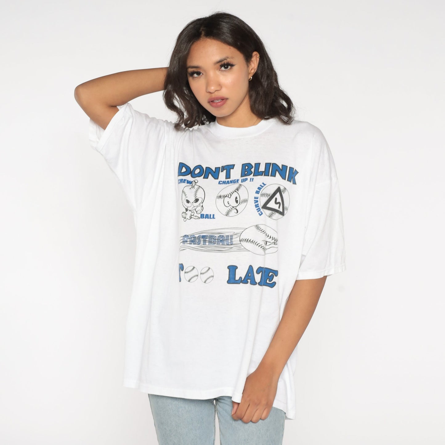 90s Baseball Graphic T-Shirt Don't Blink Too Late White Cotton XXL