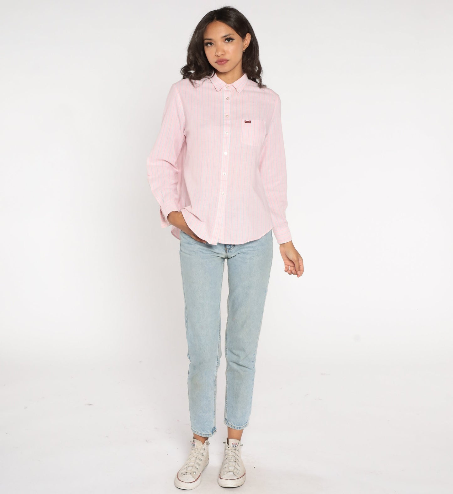 90s Sasson Striped Button-Up Blouse Pink Blue Long Sleeve Extra Large