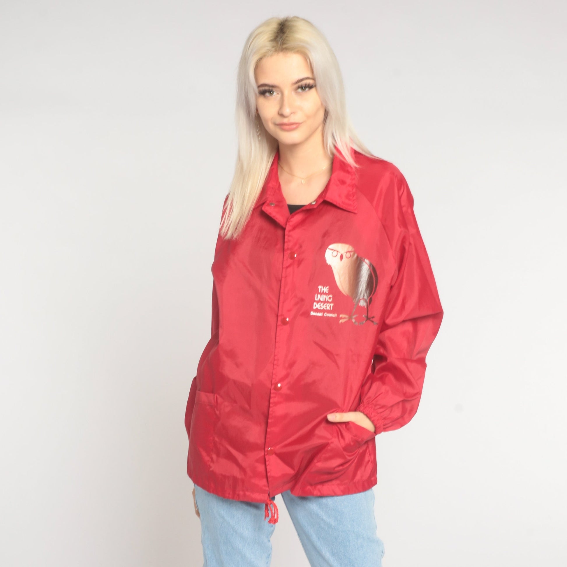 90s The Living Desert Owl Windbreaker Red Nylon Snap Jacket Medium