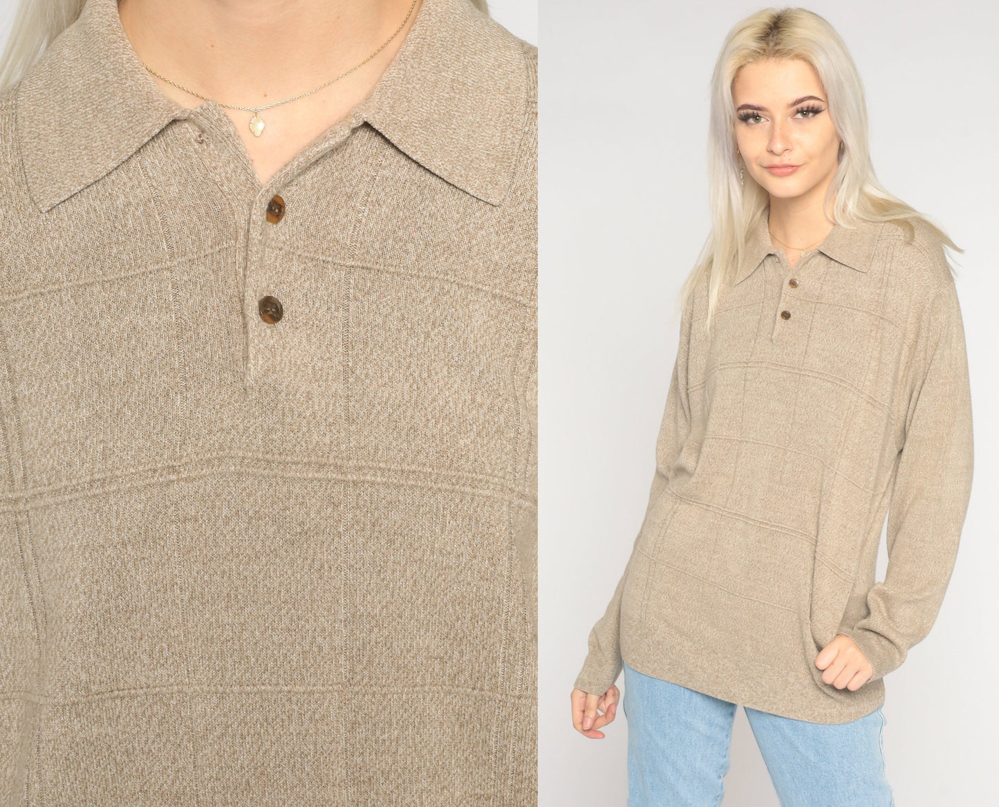 Y2K Geoffrey Beene Tan Knit Polo Shirt Long Sleeve Collared Medium M