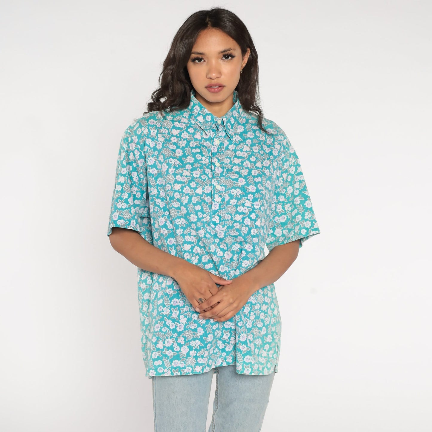 90s Blue Floral Half-Button Shirt Short Sleeve Collared Cotton Blend Large