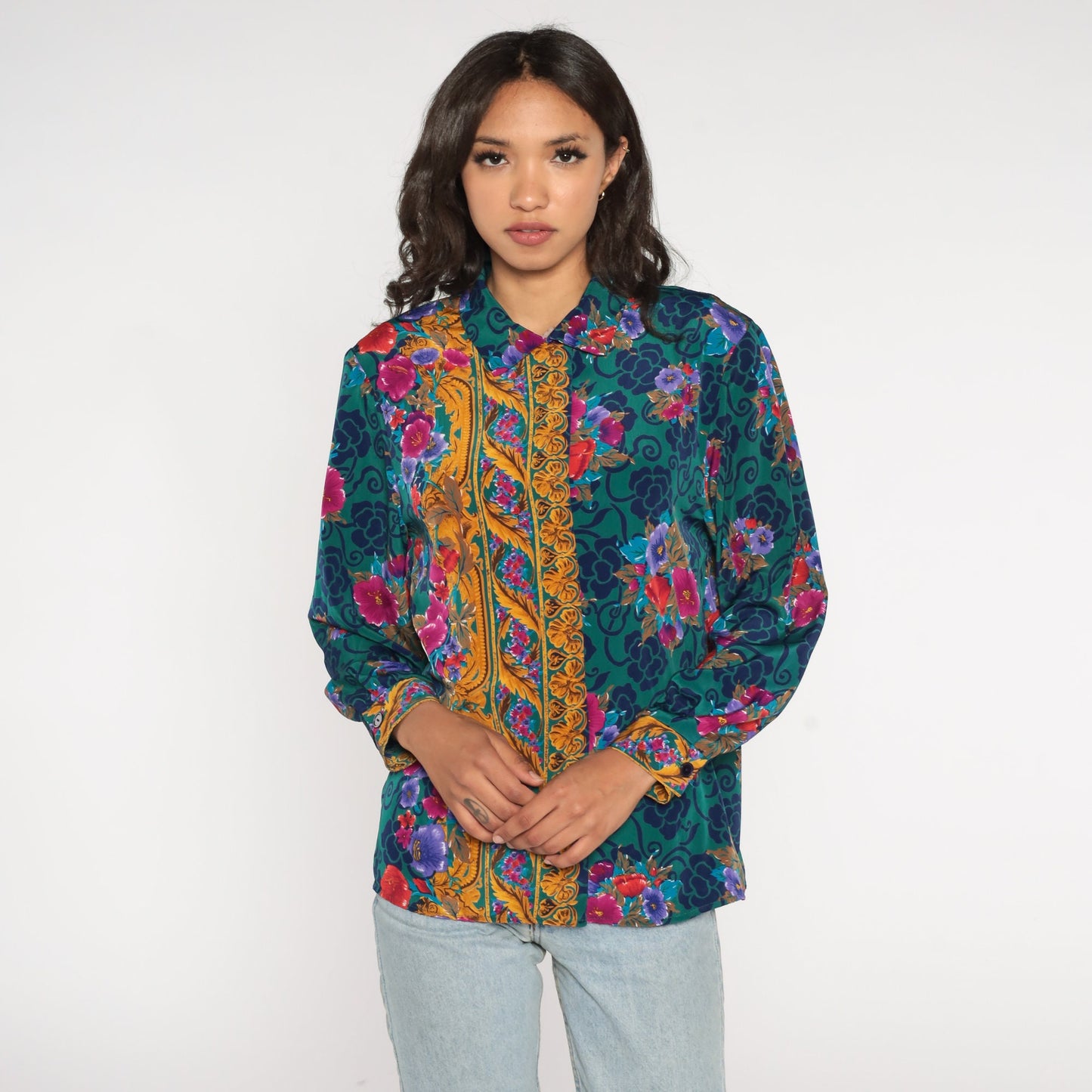 90s Baroque Floral Green Button-Up Blouse Long Sleeve Medium M