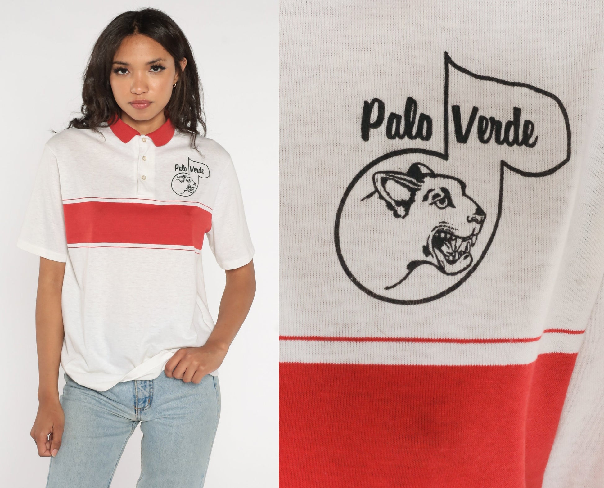 90s Palo Verde Cougars Polo Shirt Striped White Red Las Vegas High School Medium Large