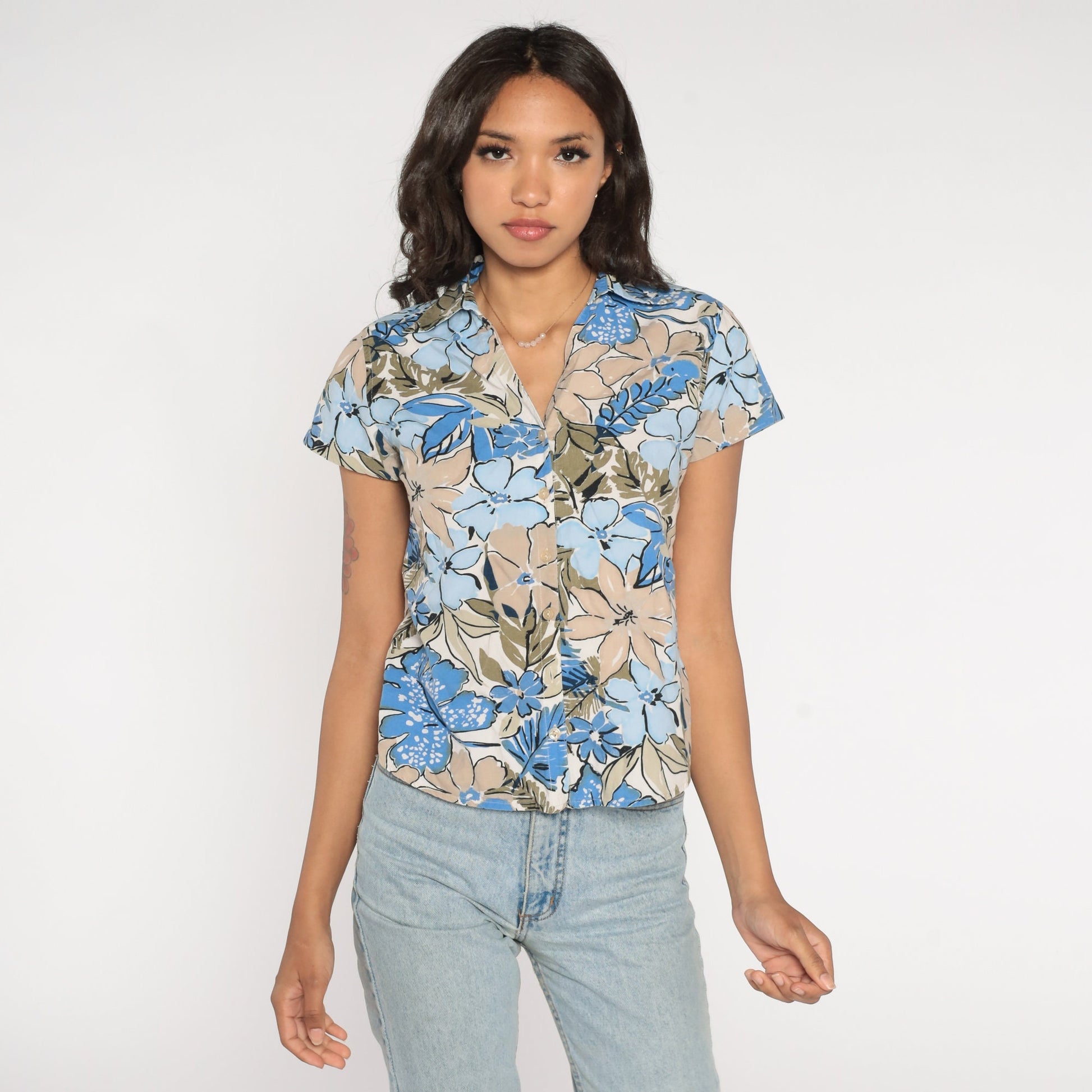 Y2K Floral Button-Up Blouse Blue Tan Flower Print Collar Short Sleeve Petite Small