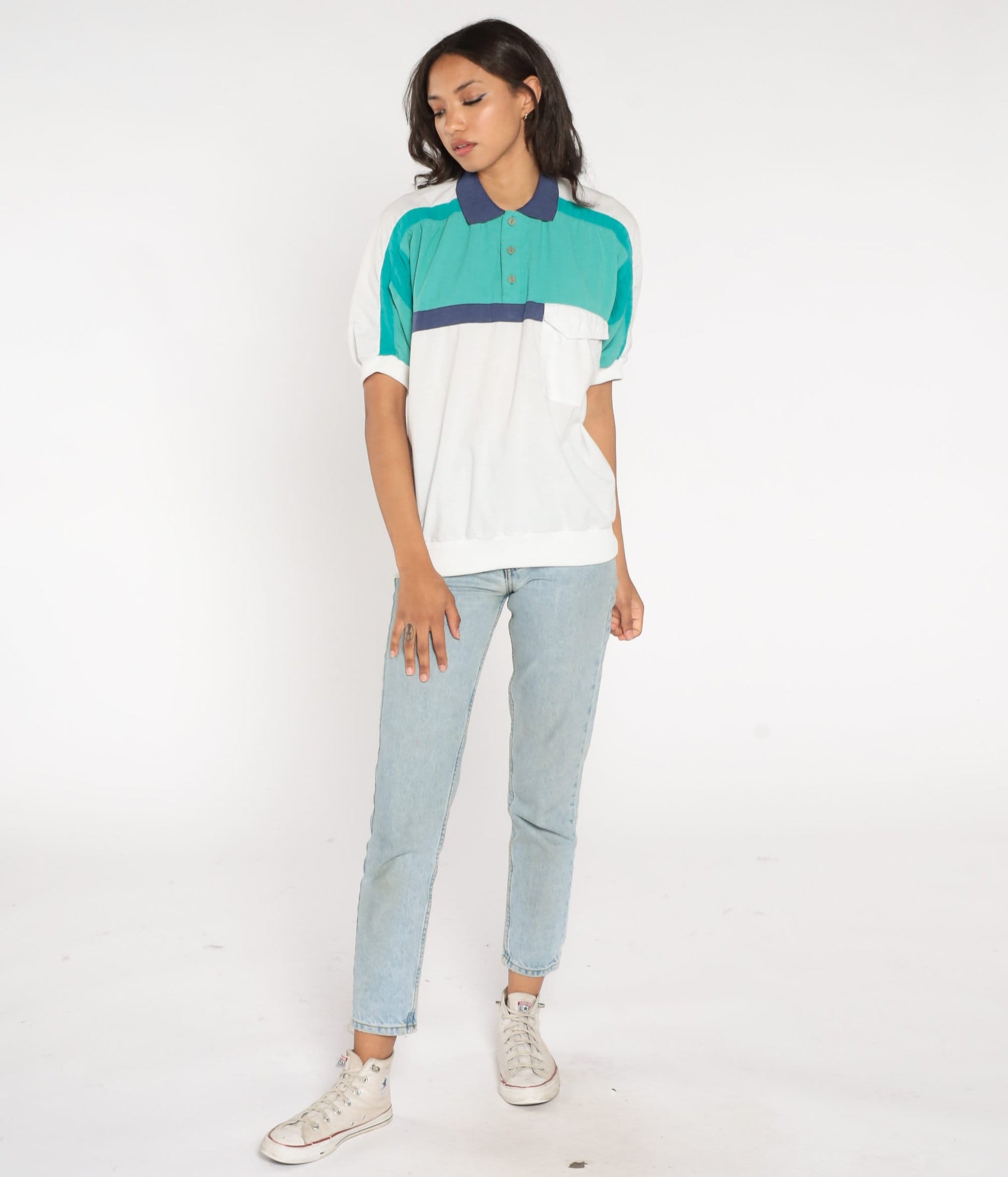 90s Striped Polo Shirt Collared Color Block Short Sleeve White Blue Green Men's Small