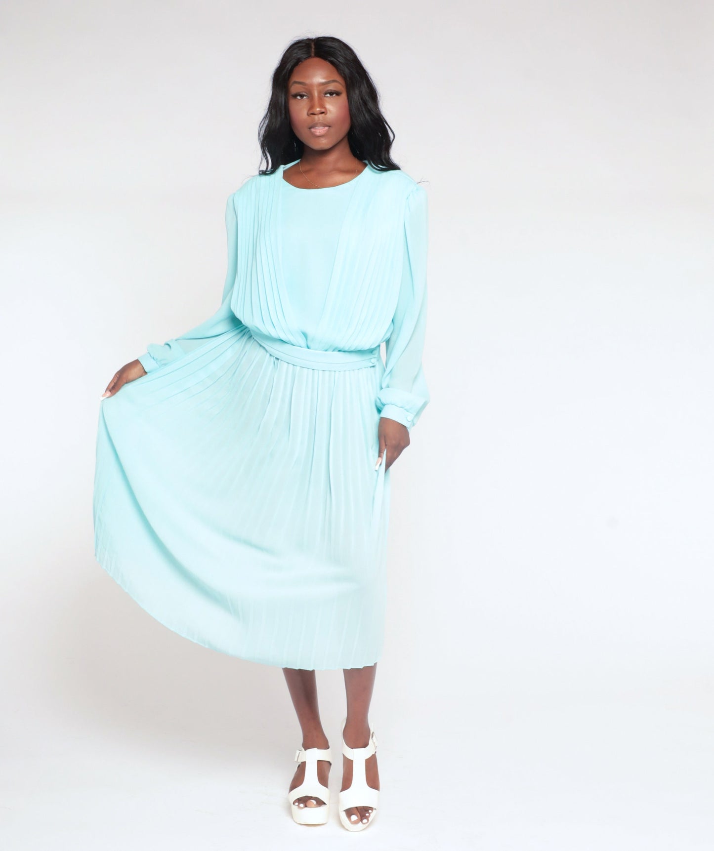 80s Blue Pleated Midi Dress Long Sleeve Keyhole Back Semi Sheer Medium Large