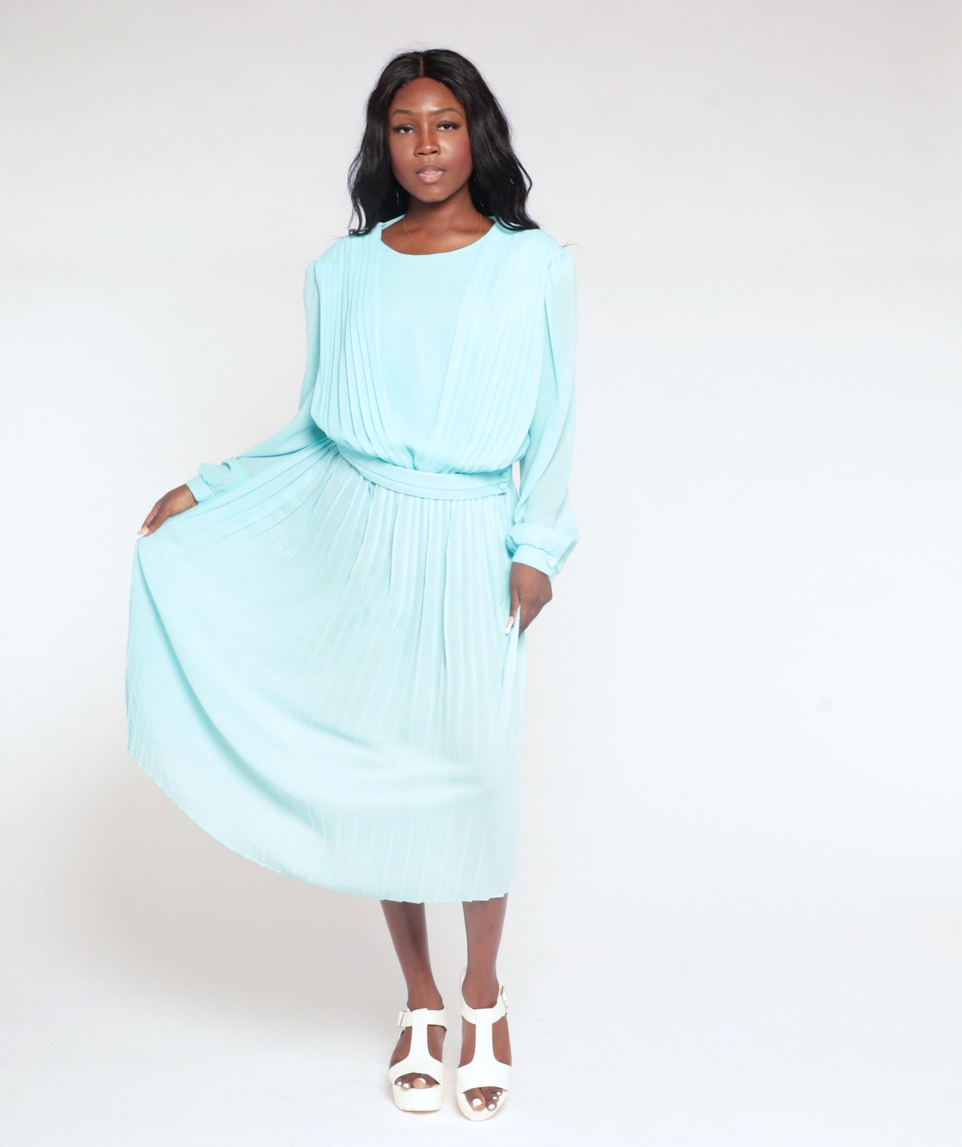 80s Blue Pleated Midi Dress Long Sleeve Keyhole Back Semi Sheer Medium Large