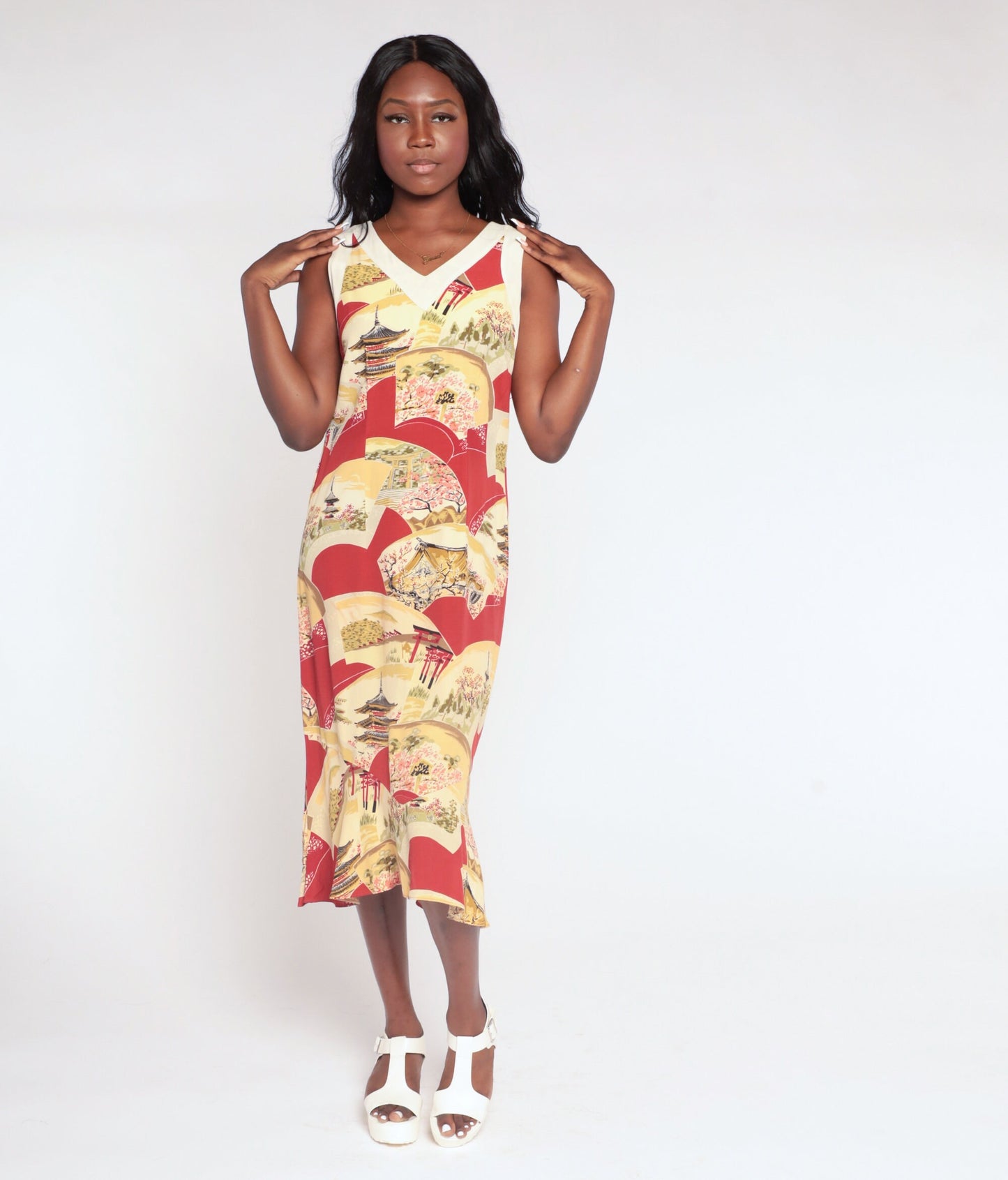 90s Red Midi Dress Asian Pagoda Print Sleeveless V-Neck Small S