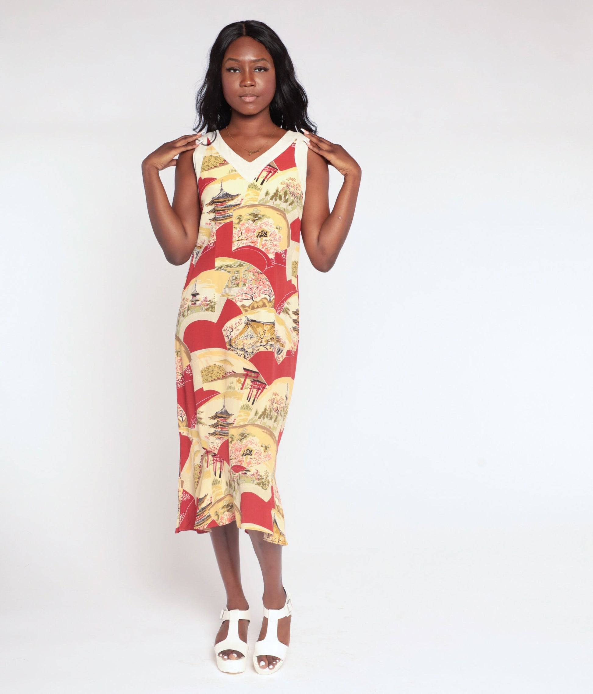 90s Red Midi Dress Asian Pagoda Print Sleeveless V-Neck Small S