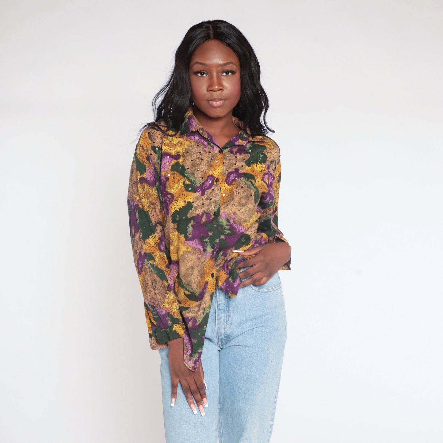 90s Floral Sequin Button Up Blouse Abstract Print Collared Long Sleeve Small