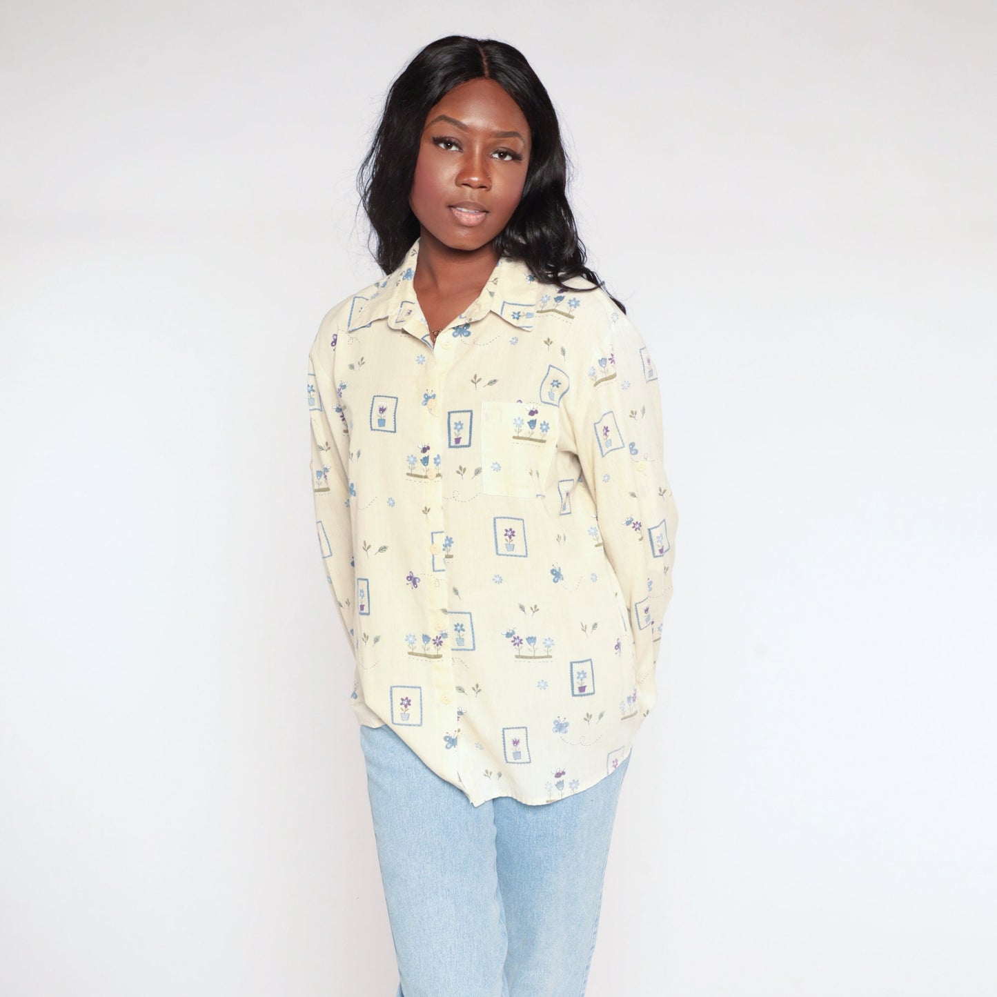 90s Yellow Butterfly Flower Print Button-Up Blouse Long Sleeve Large L