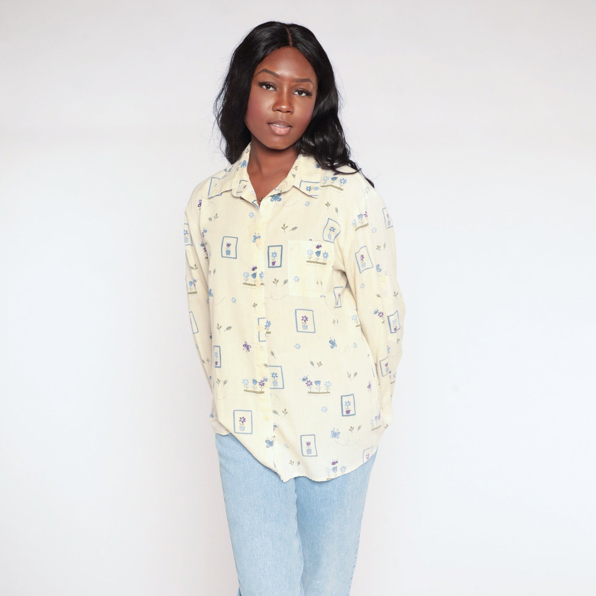 90s Yellow Butterfly Flower Print Button-Up Blouse Long Sleeve Large L