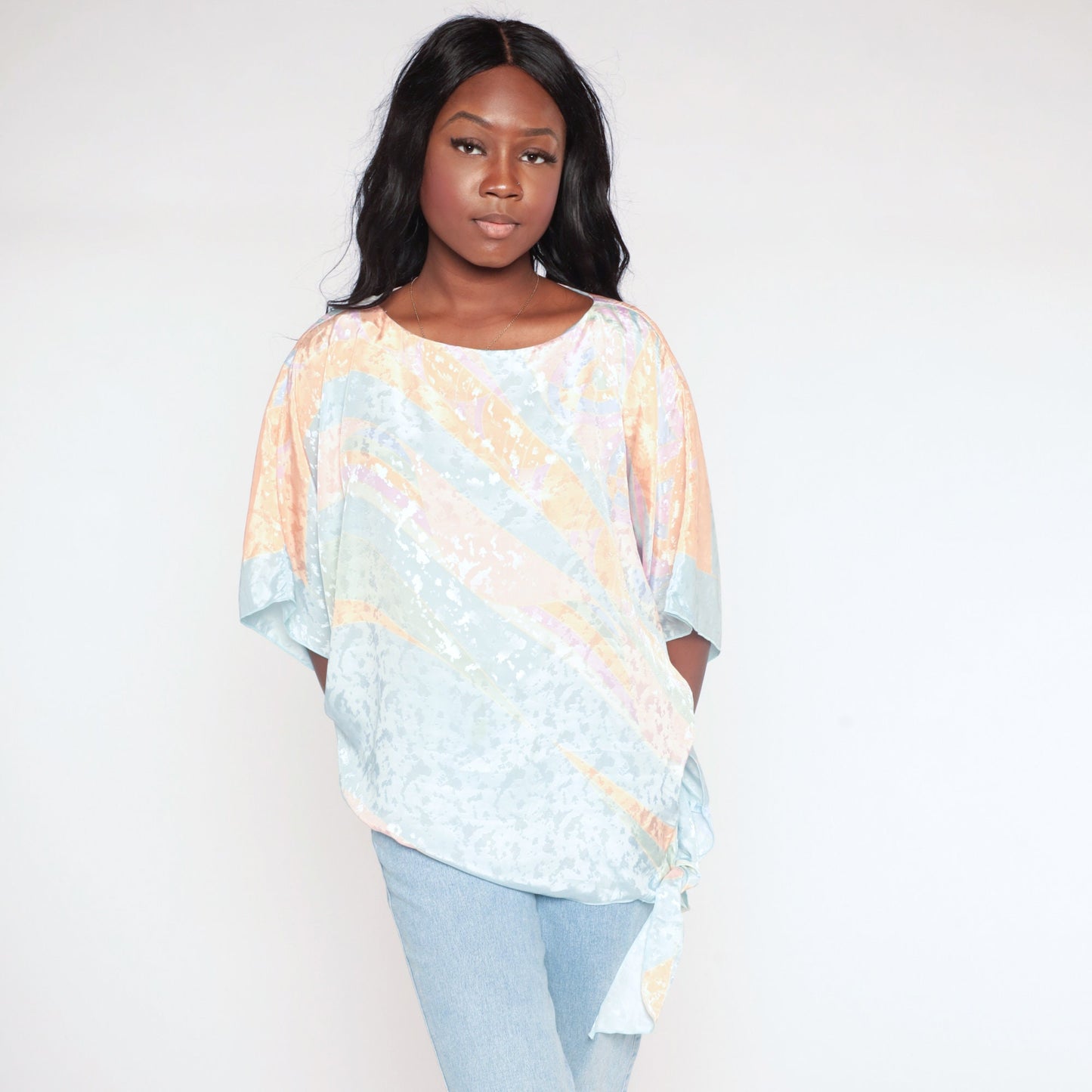 80s Pastel Striped Blouse Blue Orange Embossed Wide Sleeve Side Tie Medium