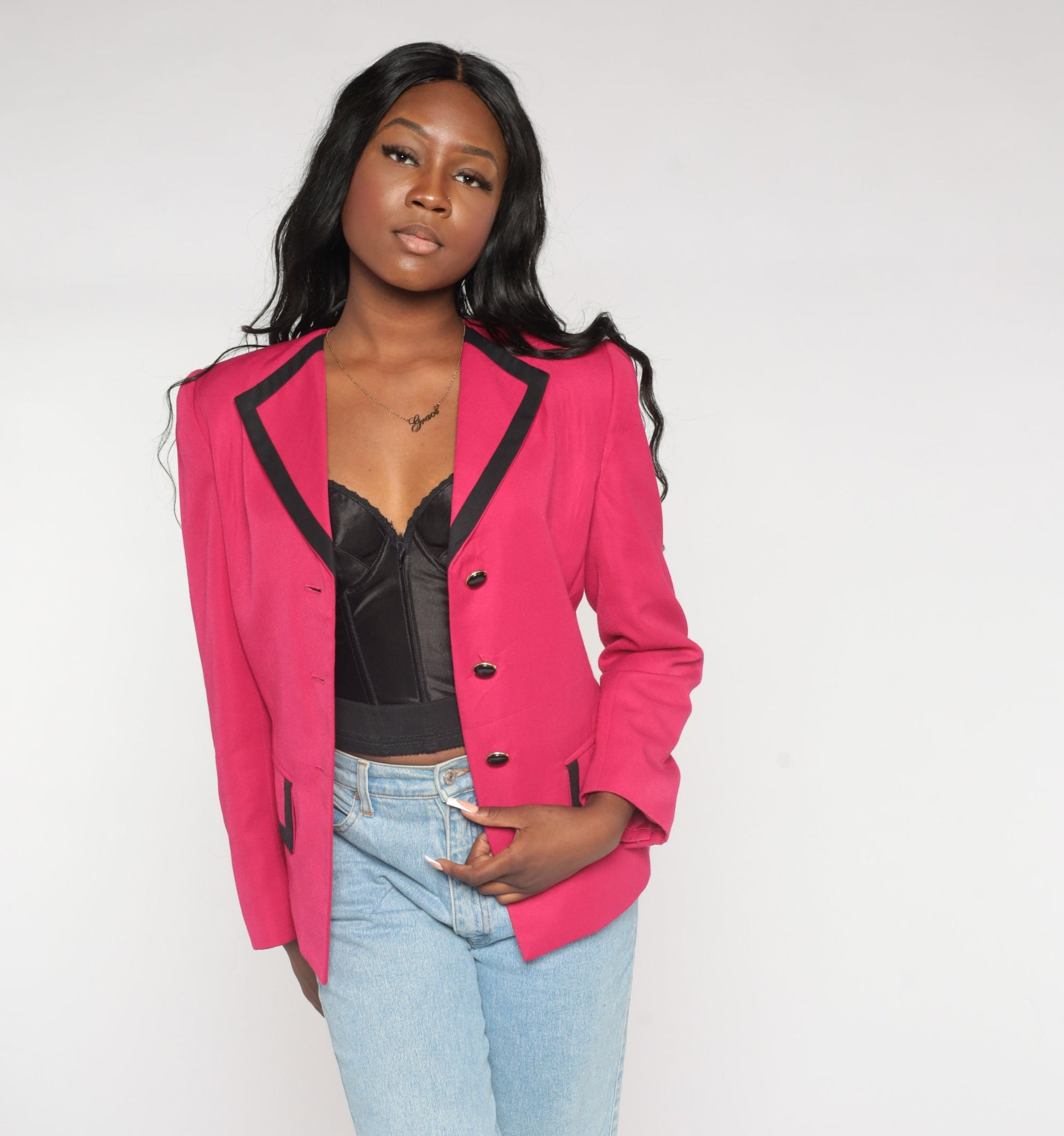 90s Hot Pink Blazer Black Trim Button Up Jacket Small S