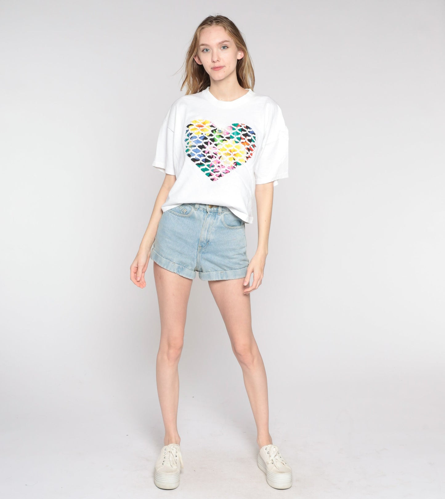 90s Floral Heart Graphic T-Shirt White Single Stitch Rosette Large L