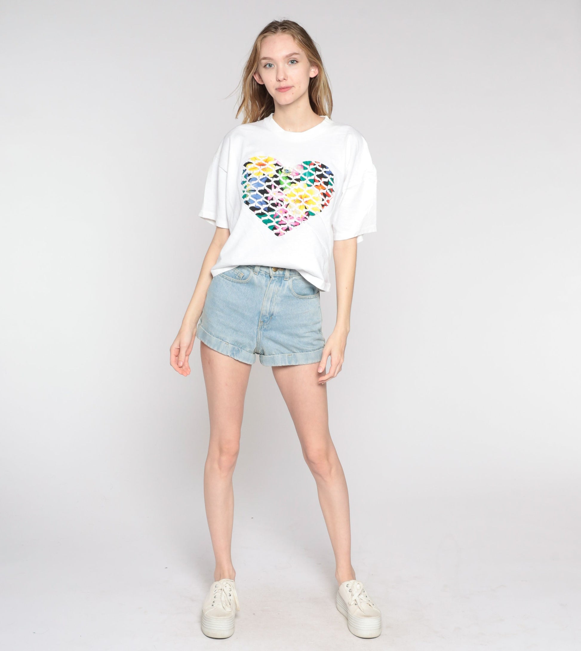 90s Floral Heart Graphic T-Shirt White Single Stitch Rosette Large L