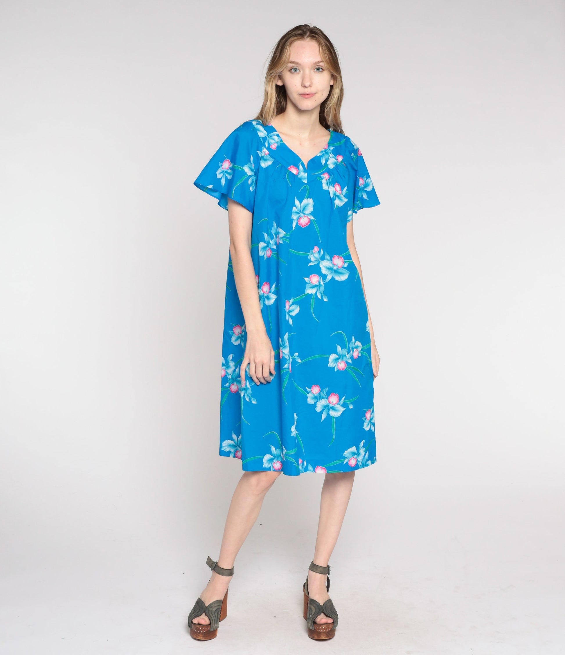 80s Blue Floral Shift Dress Flutter Sleeve Midi Large