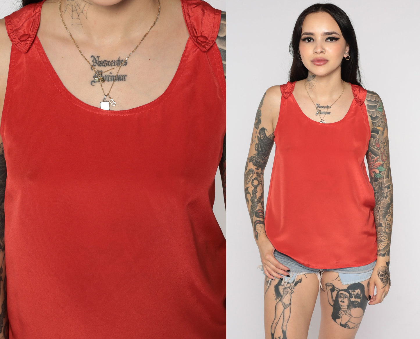 80s Red Tank Top Scoop Neck Button Strap Sleeveless Shirt Small