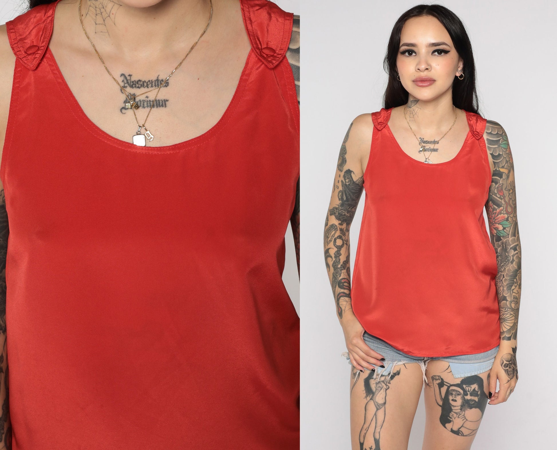 80s Red Tank Top Scoop Neck Button Strap Sleeveless Shirt Small