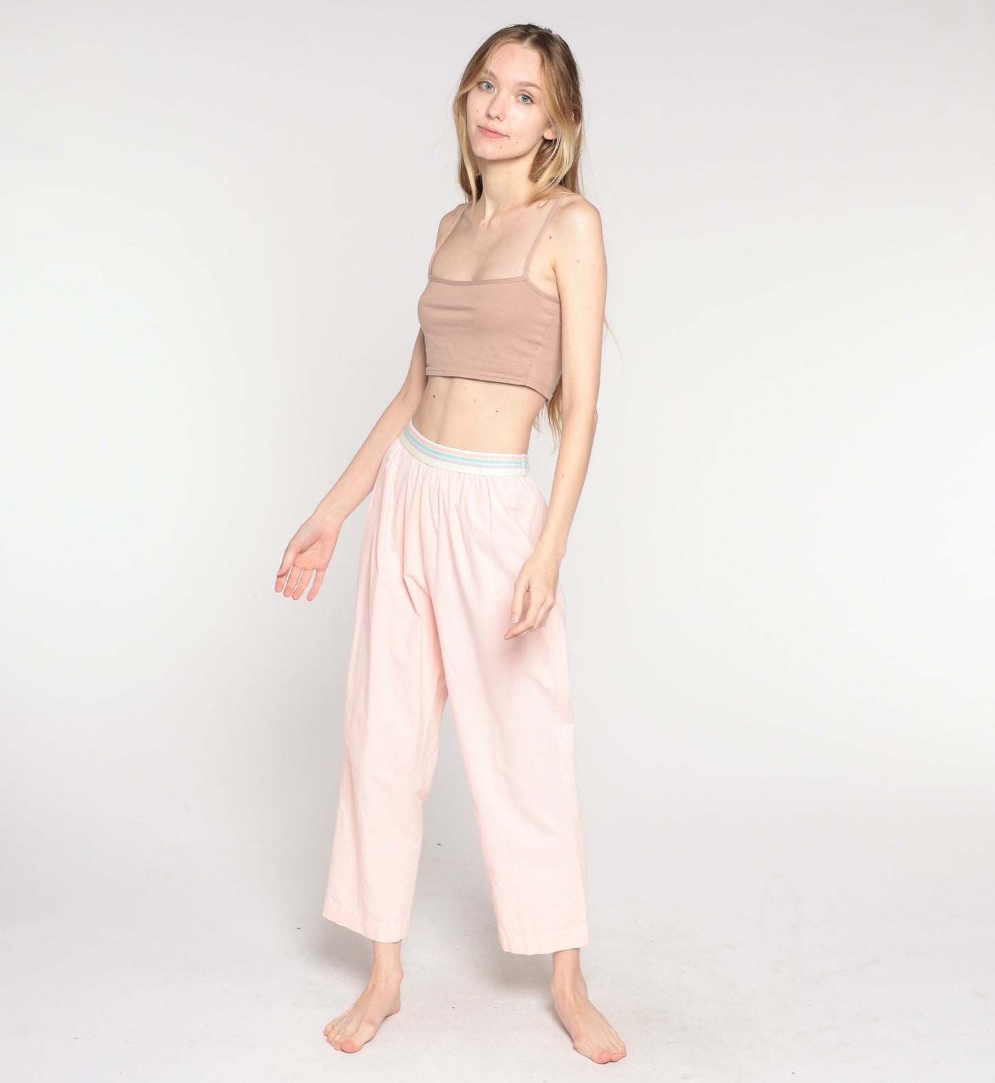 80s Baby Pink Striped Elastic Waist Tapered Trousers Small