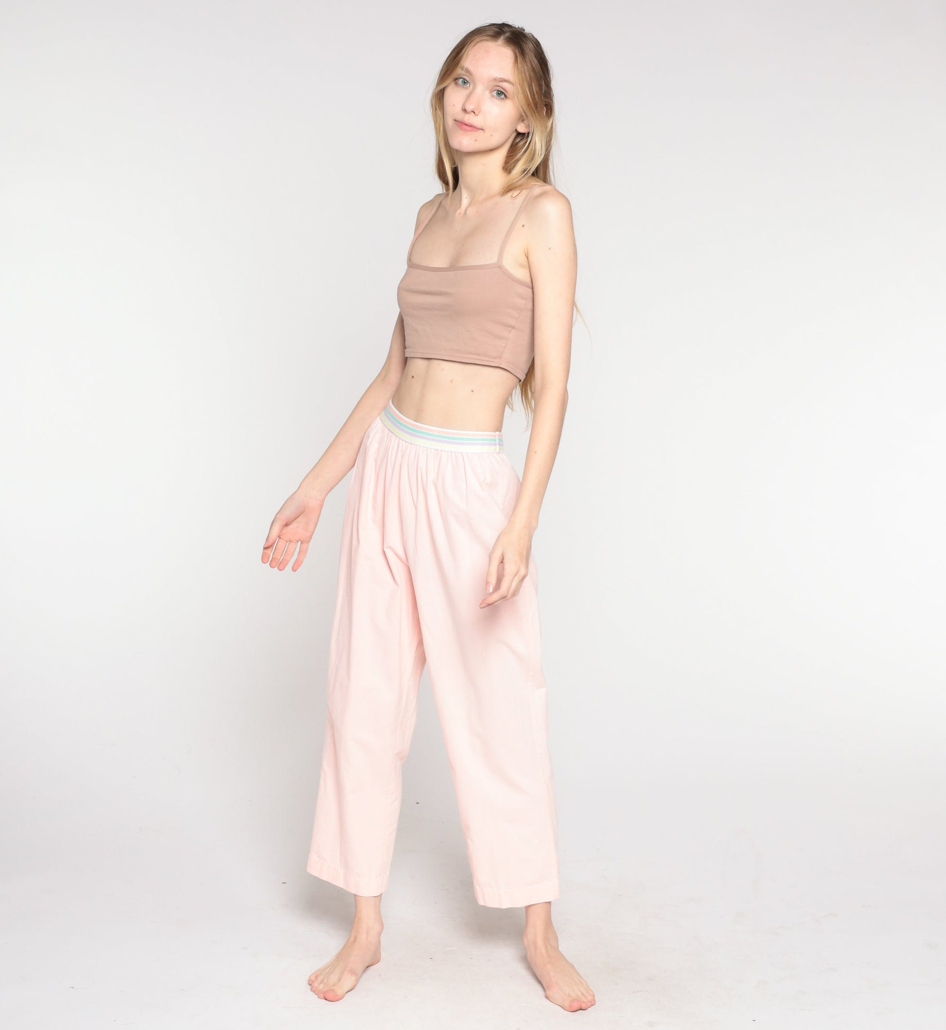 80s Baby Pink Striped Elastic Waist Tapered Trousers Small