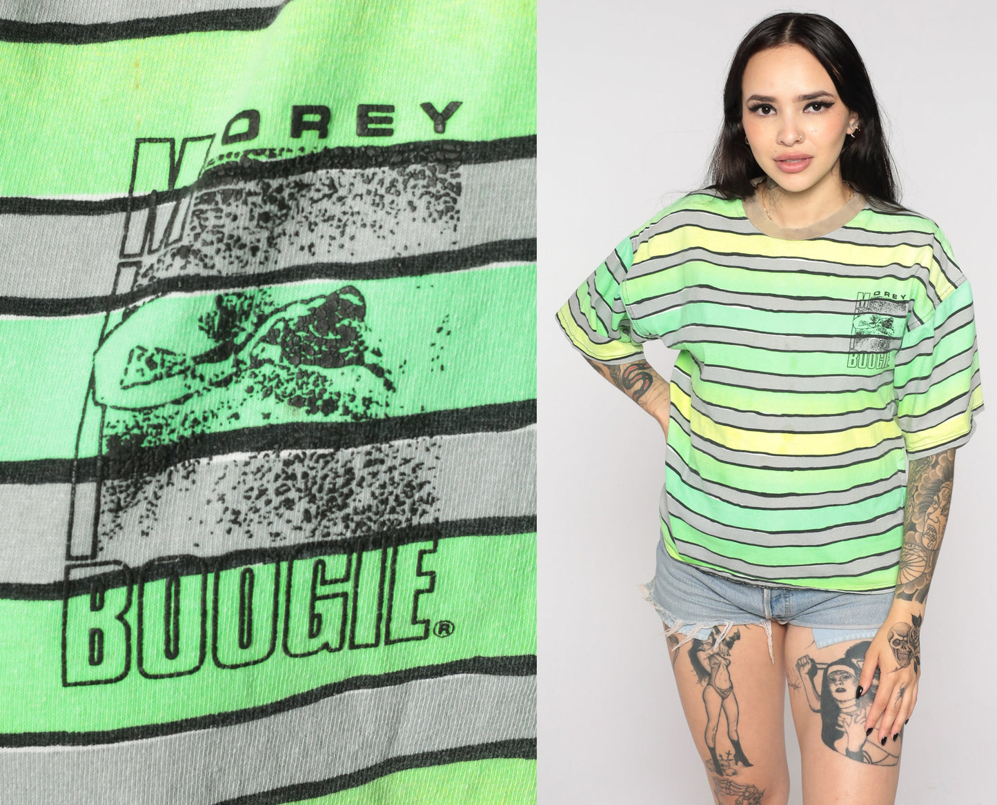90s Morey Boogie Neon Surfer Graphic T-Shirt Green Striped Small