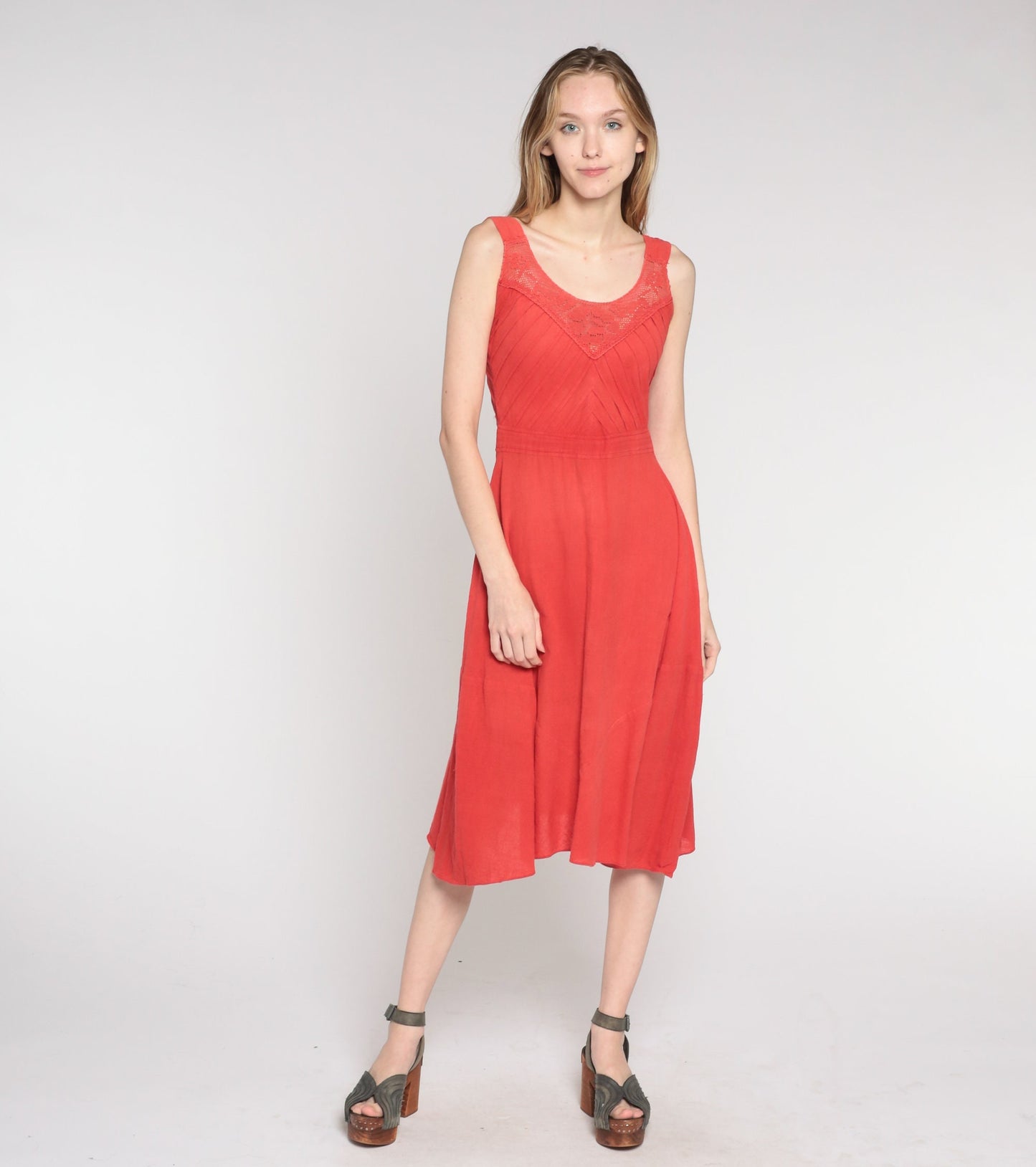 1970s Red Midi Sundress Crochet Trim High Waist Pintuck Cotton Small