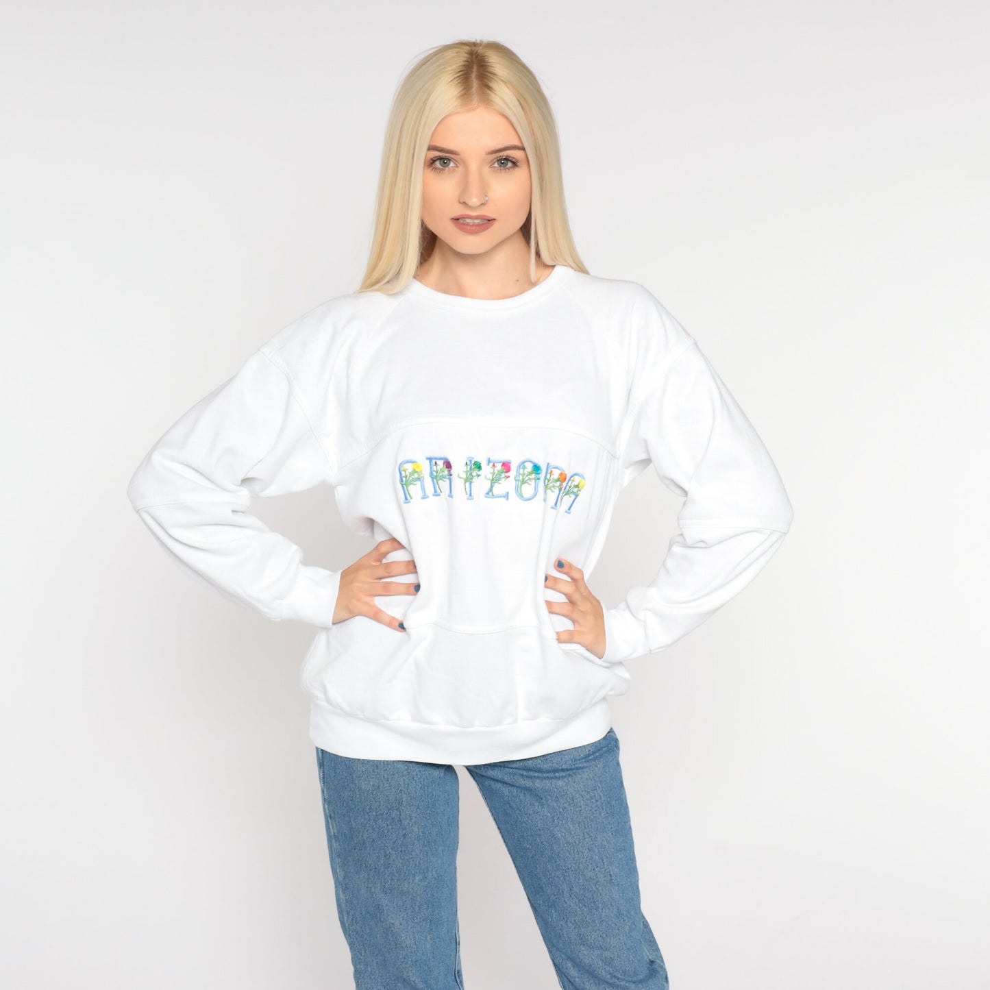 90s Arizona Floral Embroidered Sweatshirt White Raglan Crewneck Large L