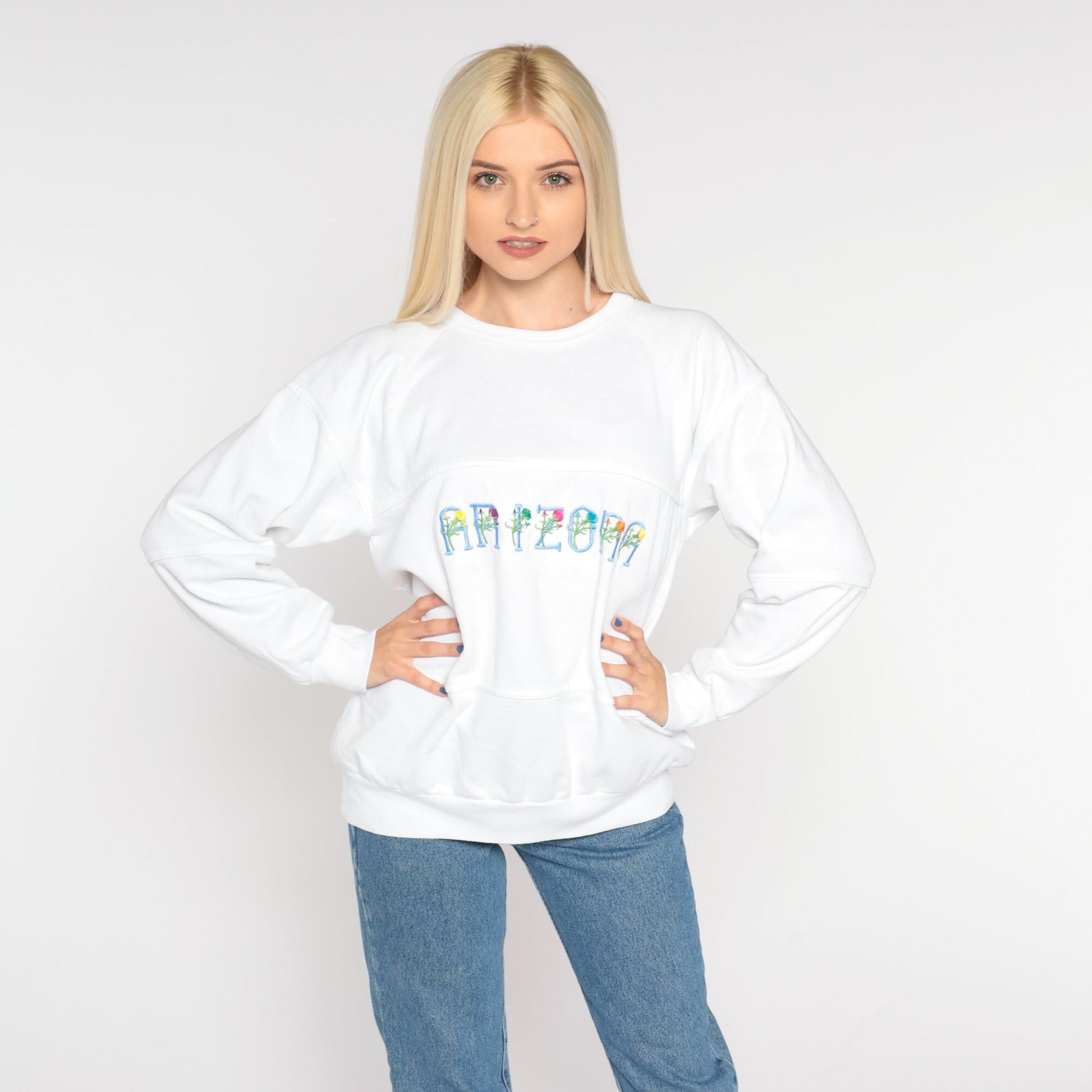 90s Arizona Floral Embroidered Sweatshirt White Raglan Crewneck Large L