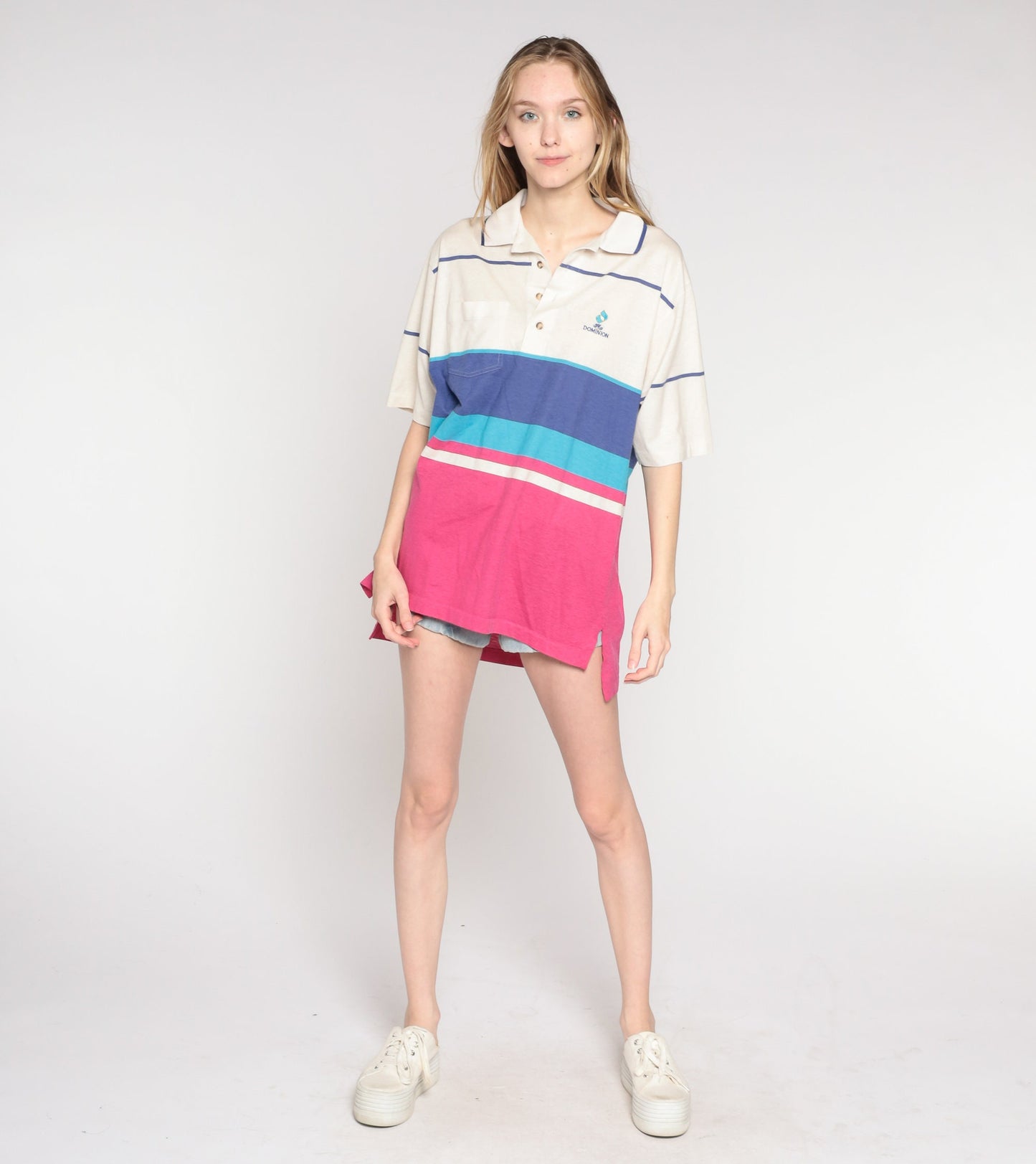 90s Izod Club Polo Shirt The Dominion Striped Color Block White Pink Blue Large