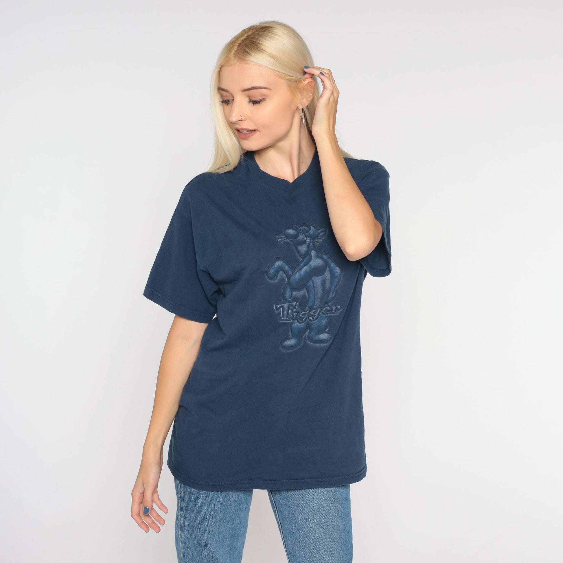 Y2K Disney Tigger Graphic T-Shirt Navy Cotton Tee Medium M
