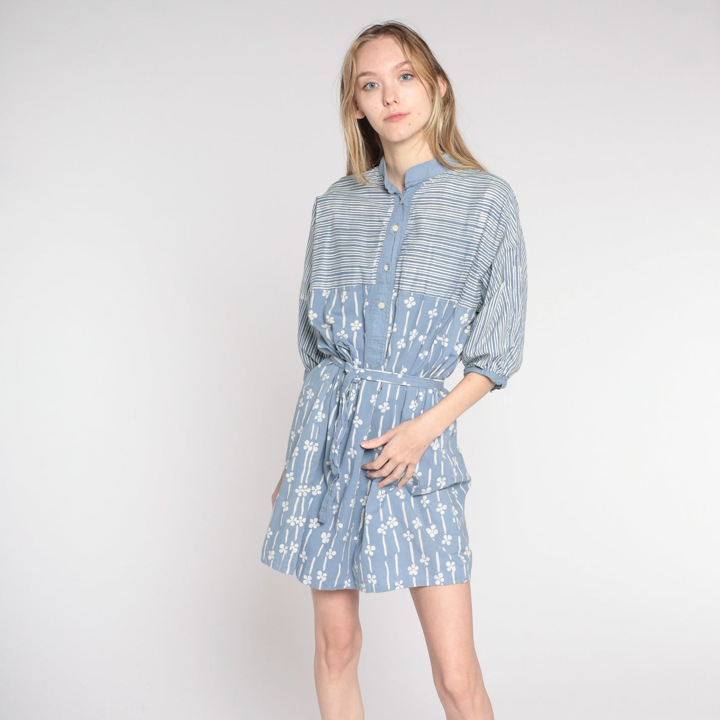 80s Striped Floral Shirtdress Blue Button-Up Mini Cotton Extra Large