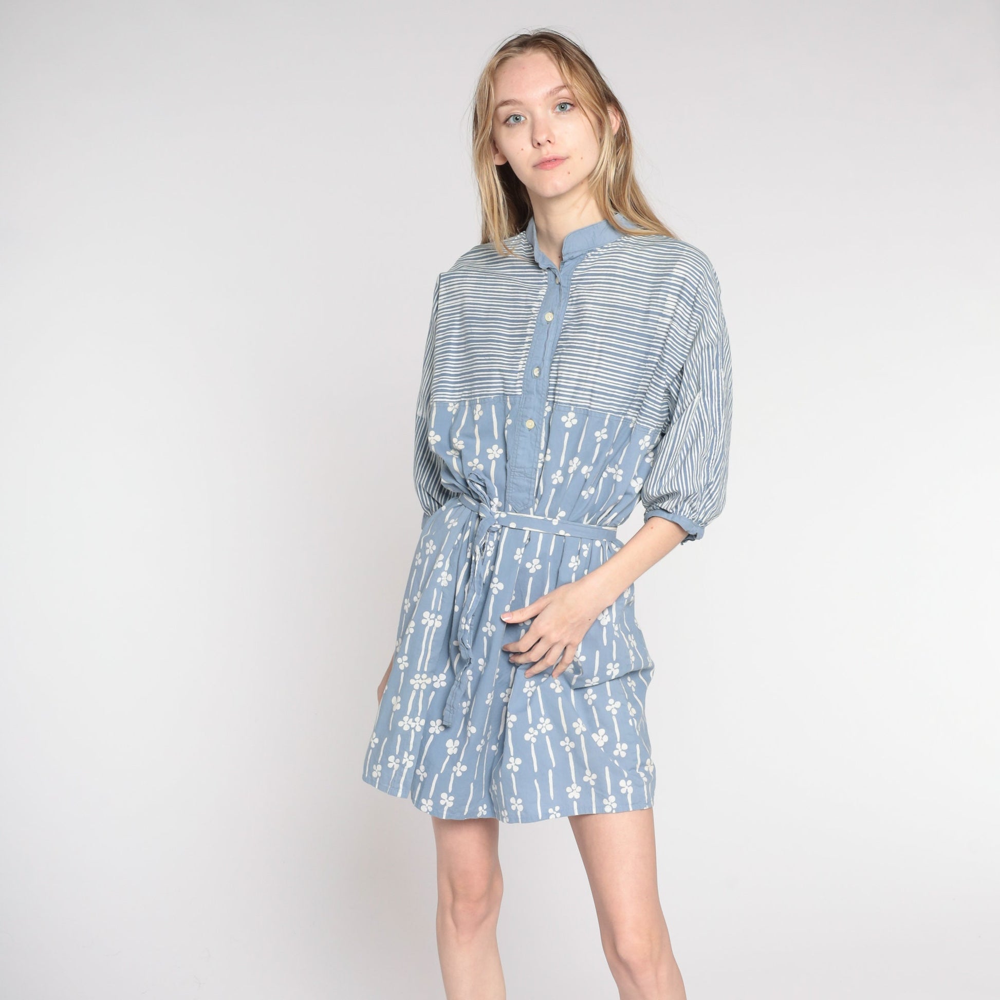 80s Striped Floral Shirtdress Blue Button-Up Mini Cotton Extra Large
