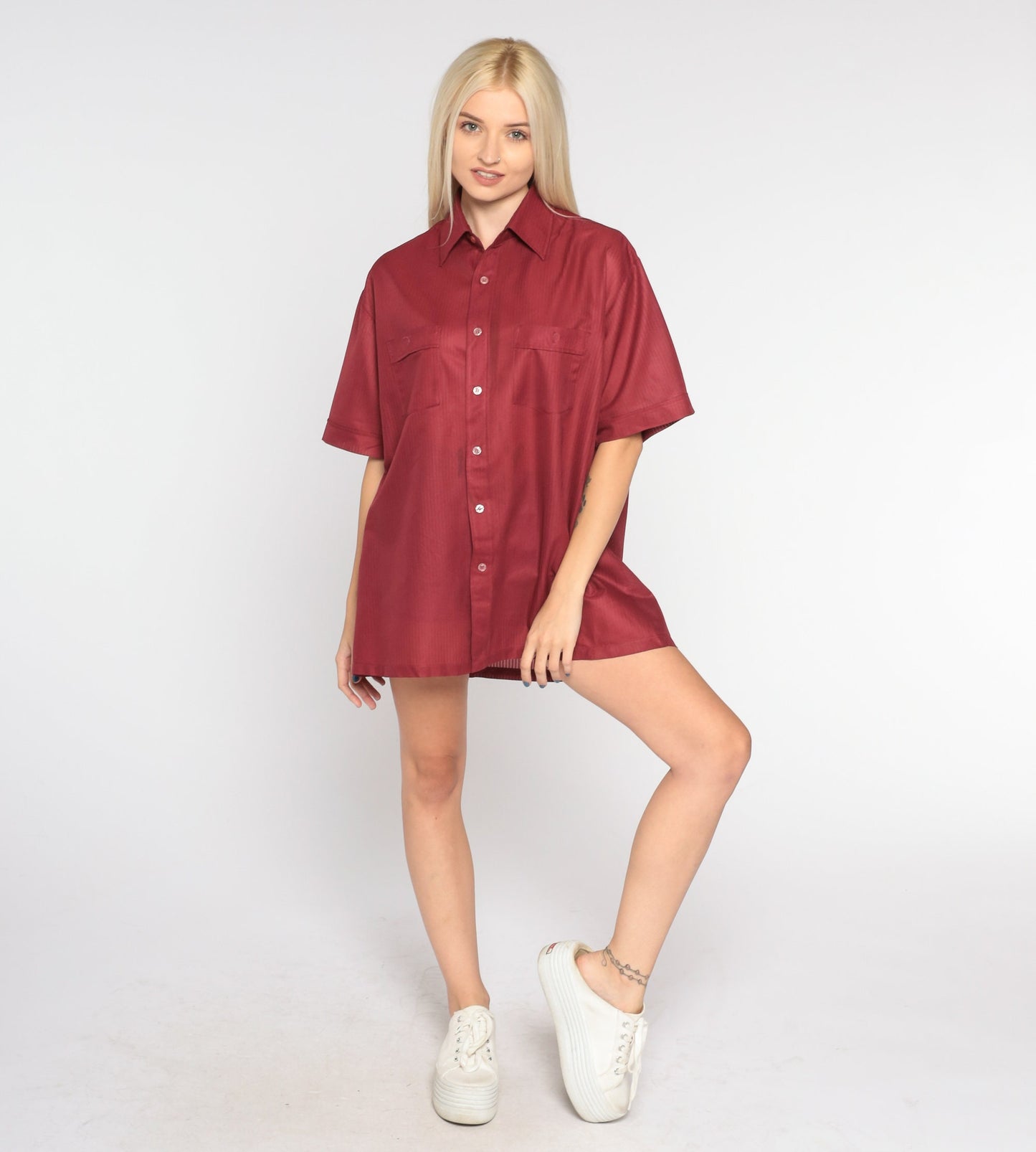 70s Red Button-Up Shirt Short Sleeve Collared Disco Top Large L