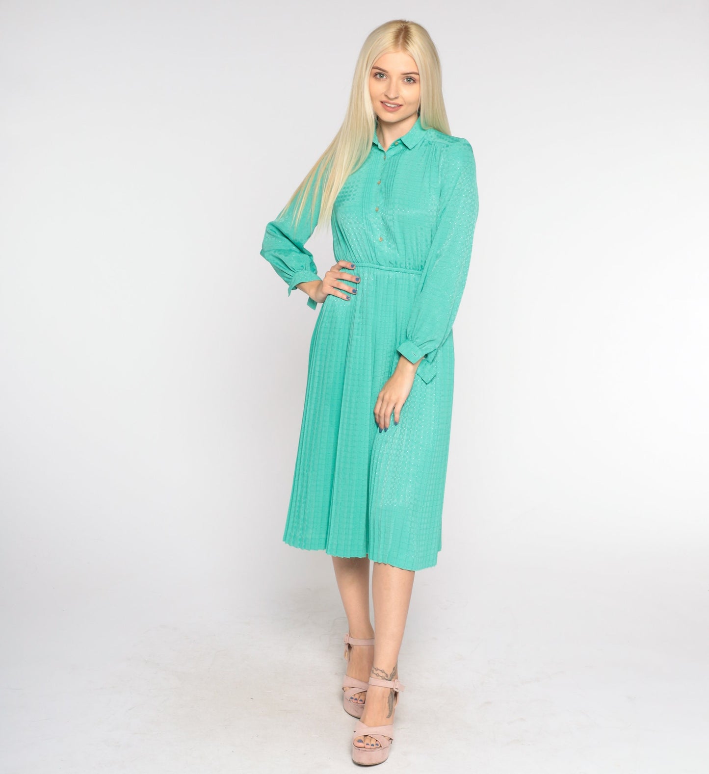 80s Seafoam Green Midi Dress High Waist Pleated Tuxedo Ruffle Small