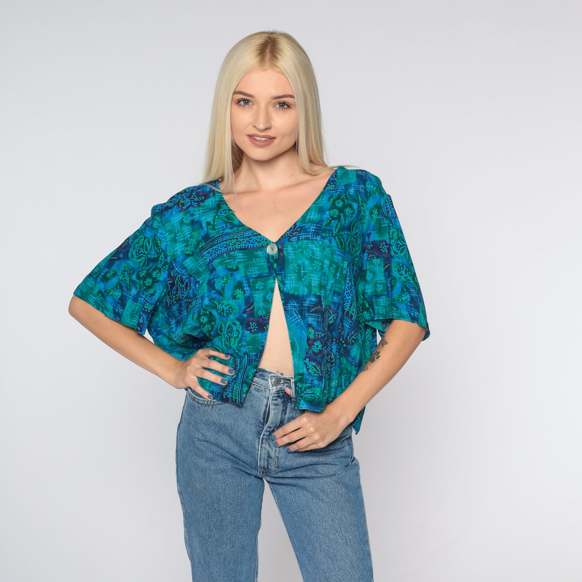 90s Blue Floral Rayon Blouse Open Front Button Up Short Sleeve Extra Extra Large XXL
