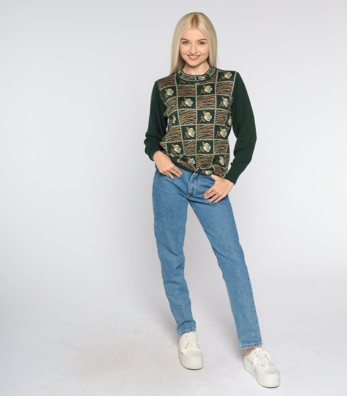 80s Dark Green Floral Striped Angora Blend Sweater Crewneck Small