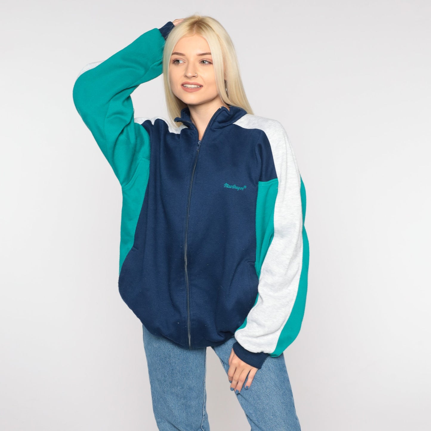 80s MacGregor Track Jacket Zip Up Sweatshirt Blue Green Colourblock Large L