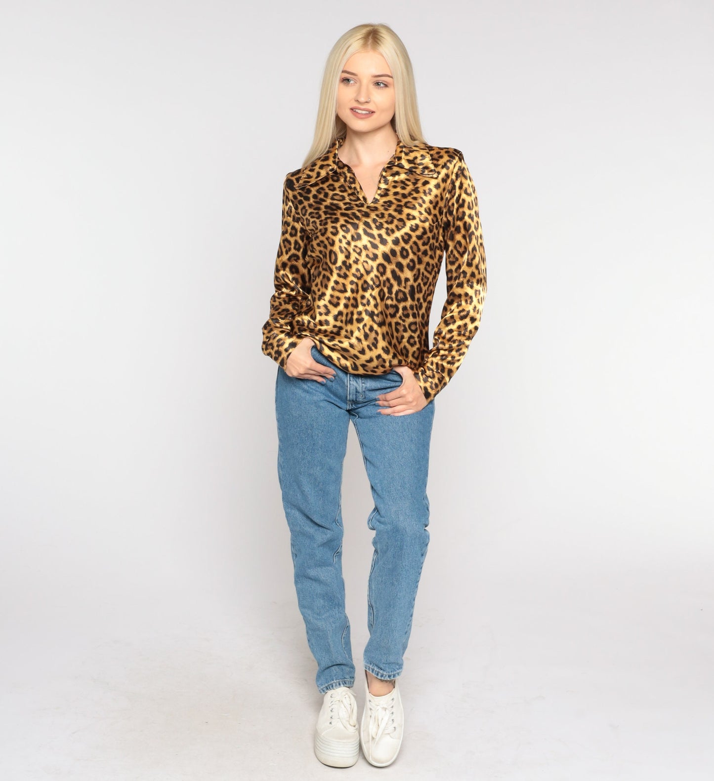 90s Leopard Print Blouse Pointed Collar Long Sleeve Small
