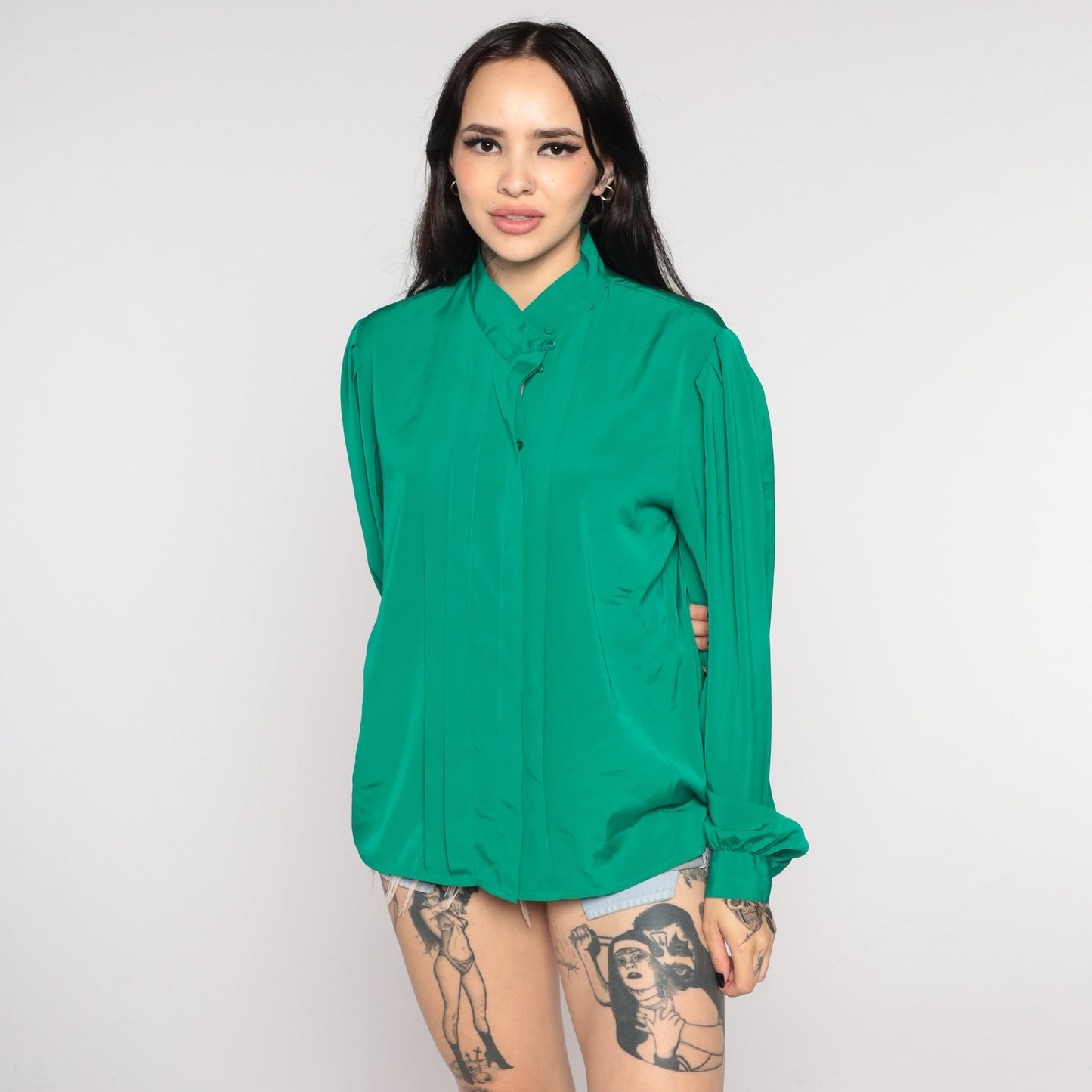 80s Green Pleated Blouse Puff Sleeve Collared Button-Up Medium