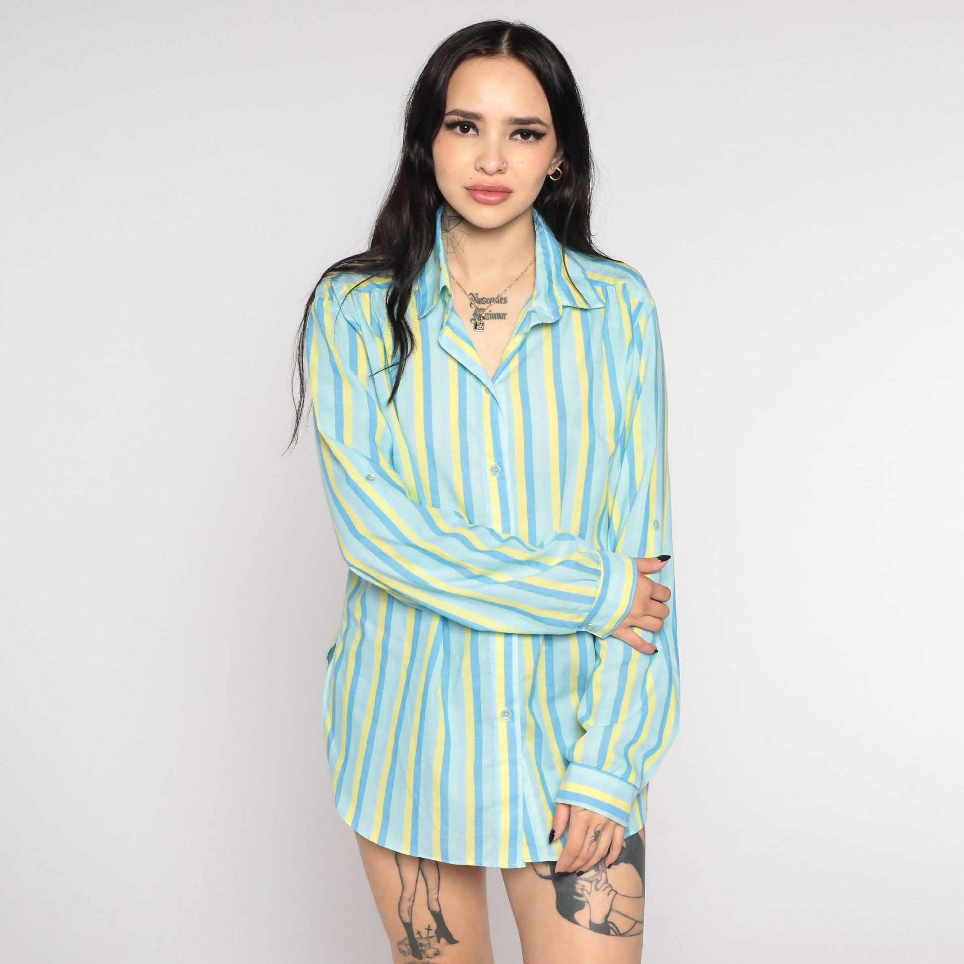 80s Blue & Yellow Striped Button-Up Blouse Notched Collar Long Sleeve Medium