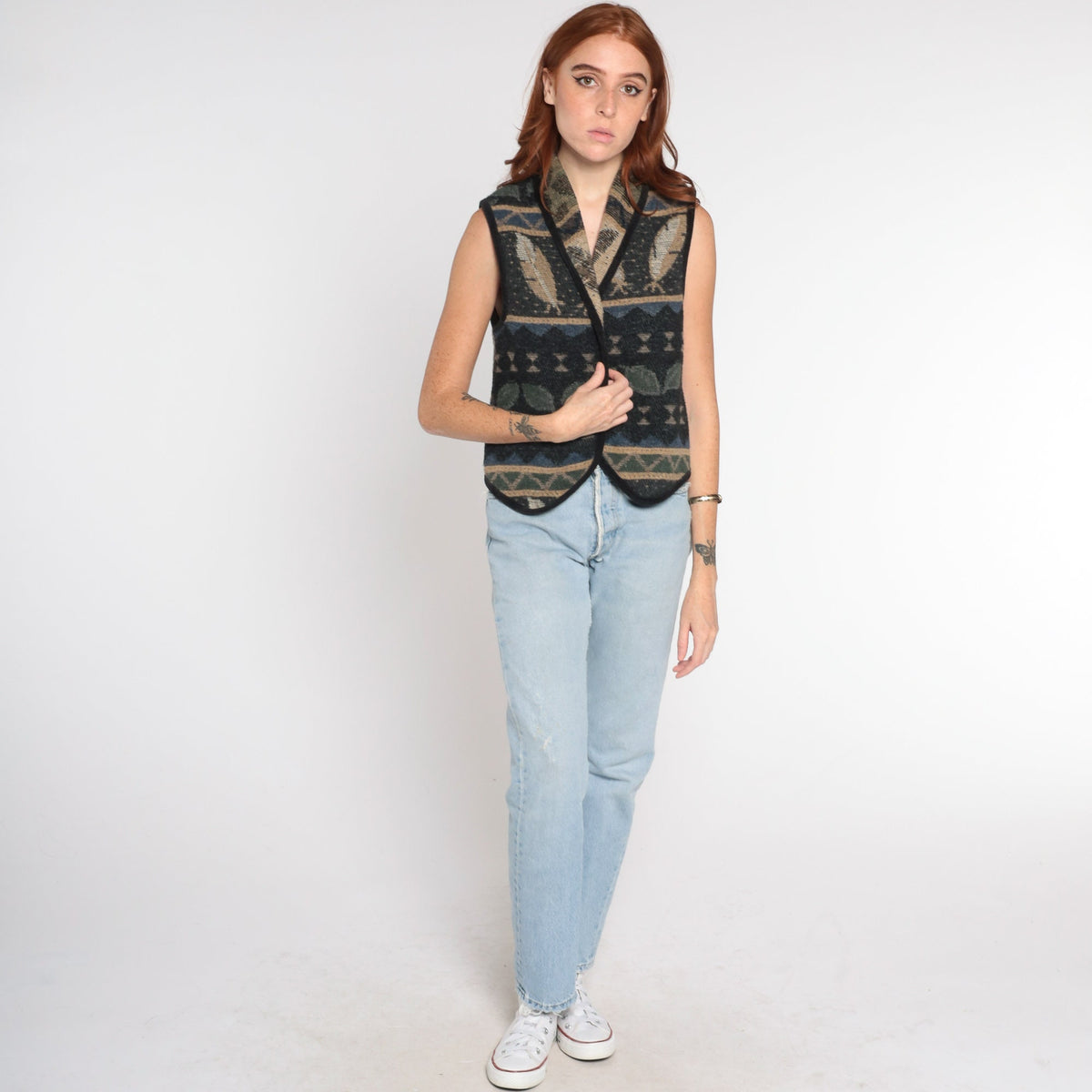 90s Tapestry Vest Leaf Feather Print Open Front Sleeveless Small
