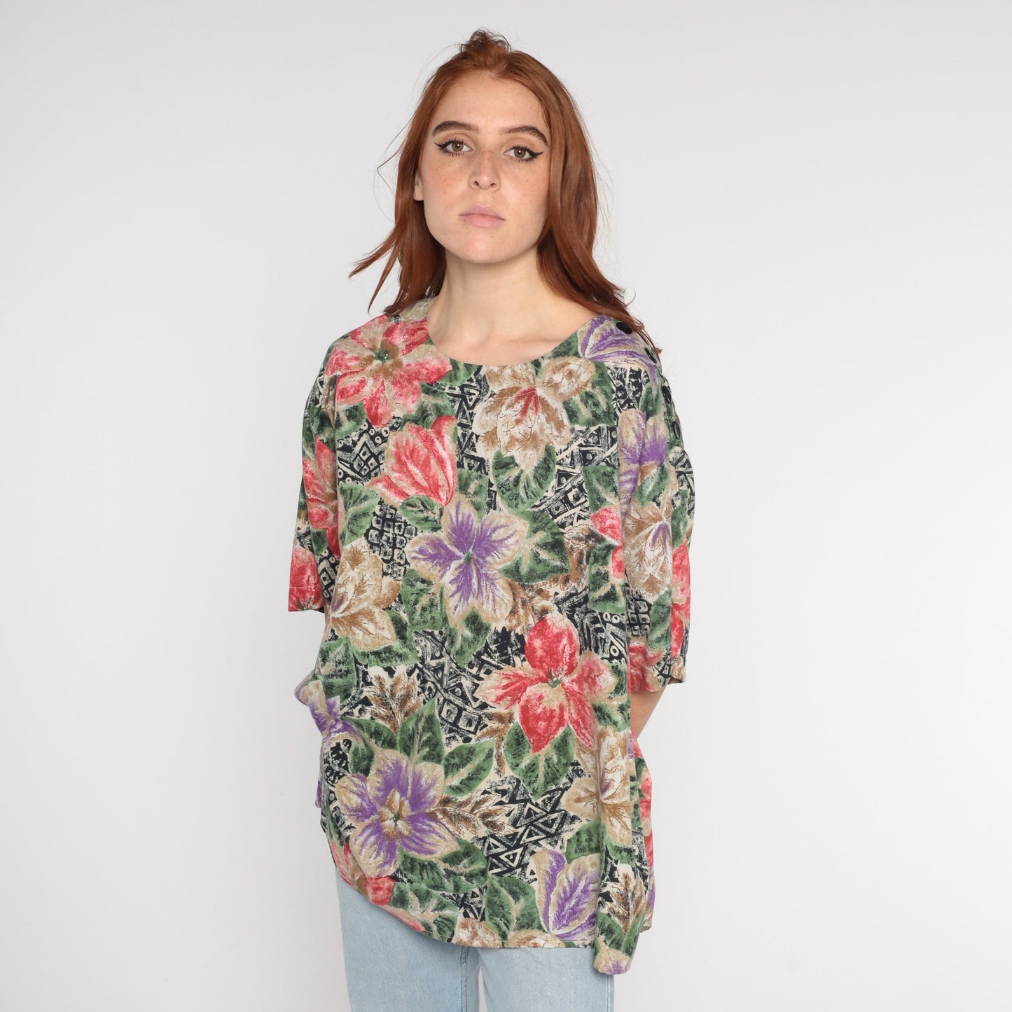 90s Hawaiian Floral Geometric Print Blouse Short Sleeve Plus Size XXL
